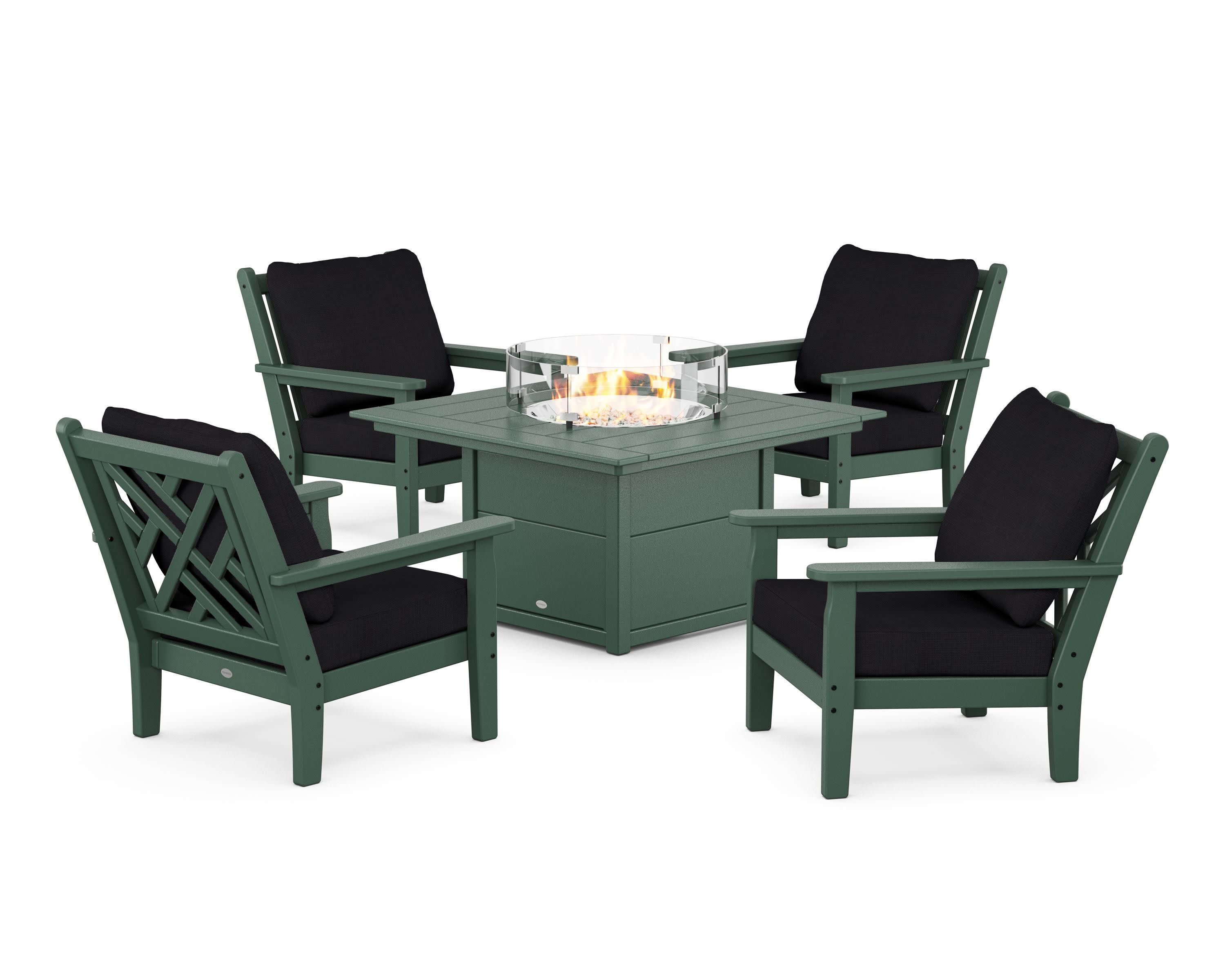 Chippendale 5-Piece Deep Seating Set with Fire Pit Table in Green / Midnight Linen