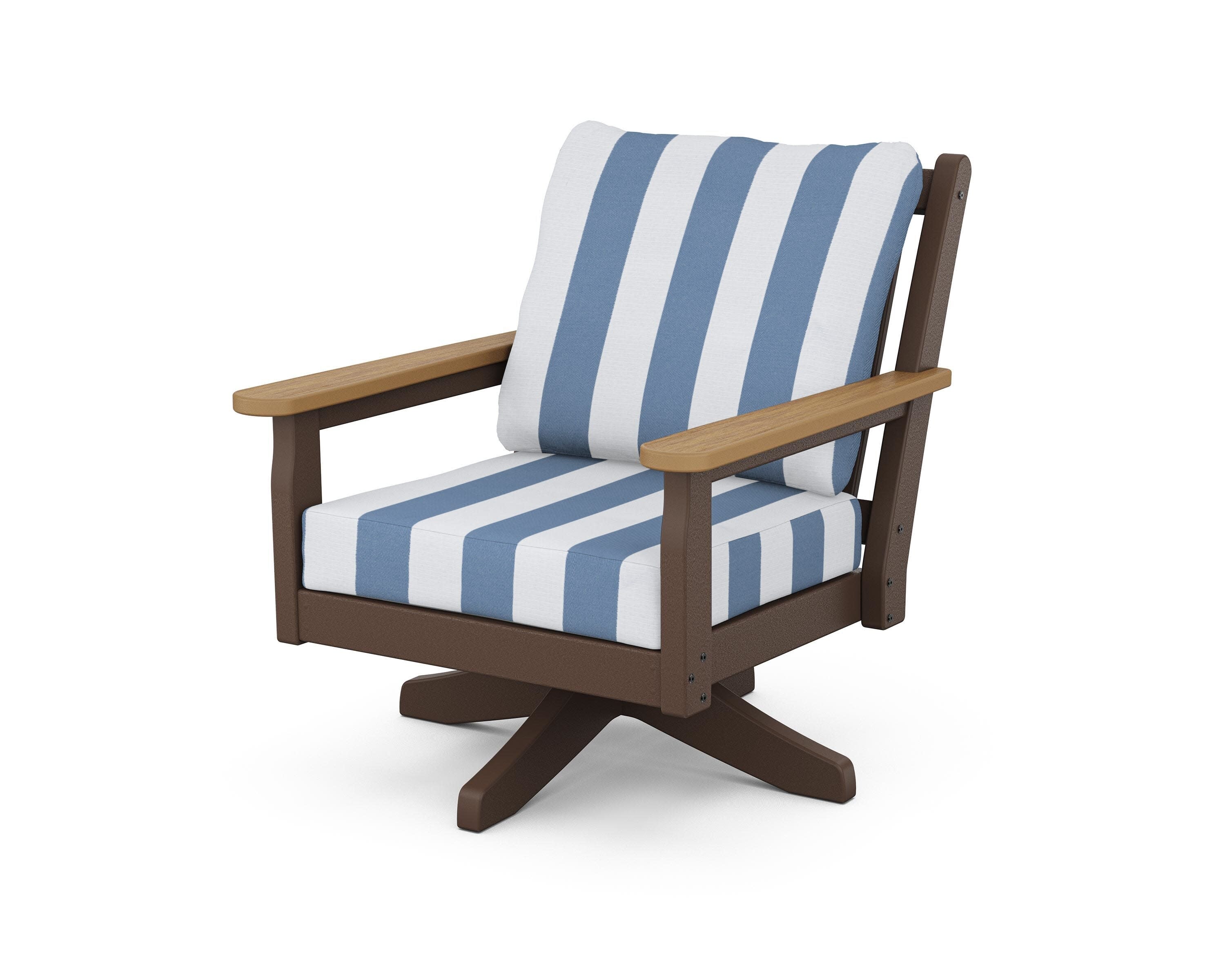 Chippendale Deep Seating Swivel Chair in Mahogany / Natural / Cabana Stripe Sky Blue