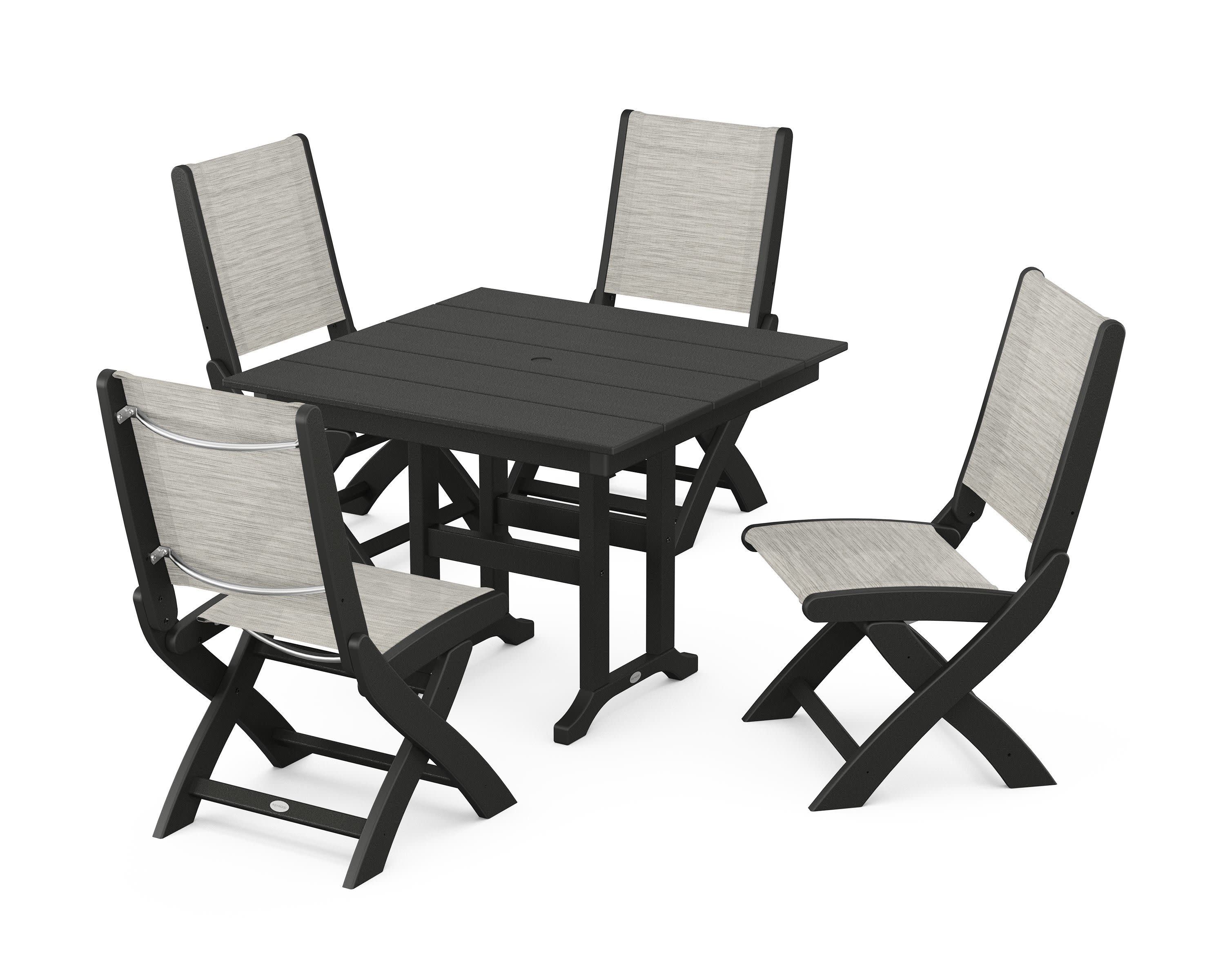 Coastal Folding Side Chair 5-Piece Farmhouse Dining Set in Black / Birch Sling