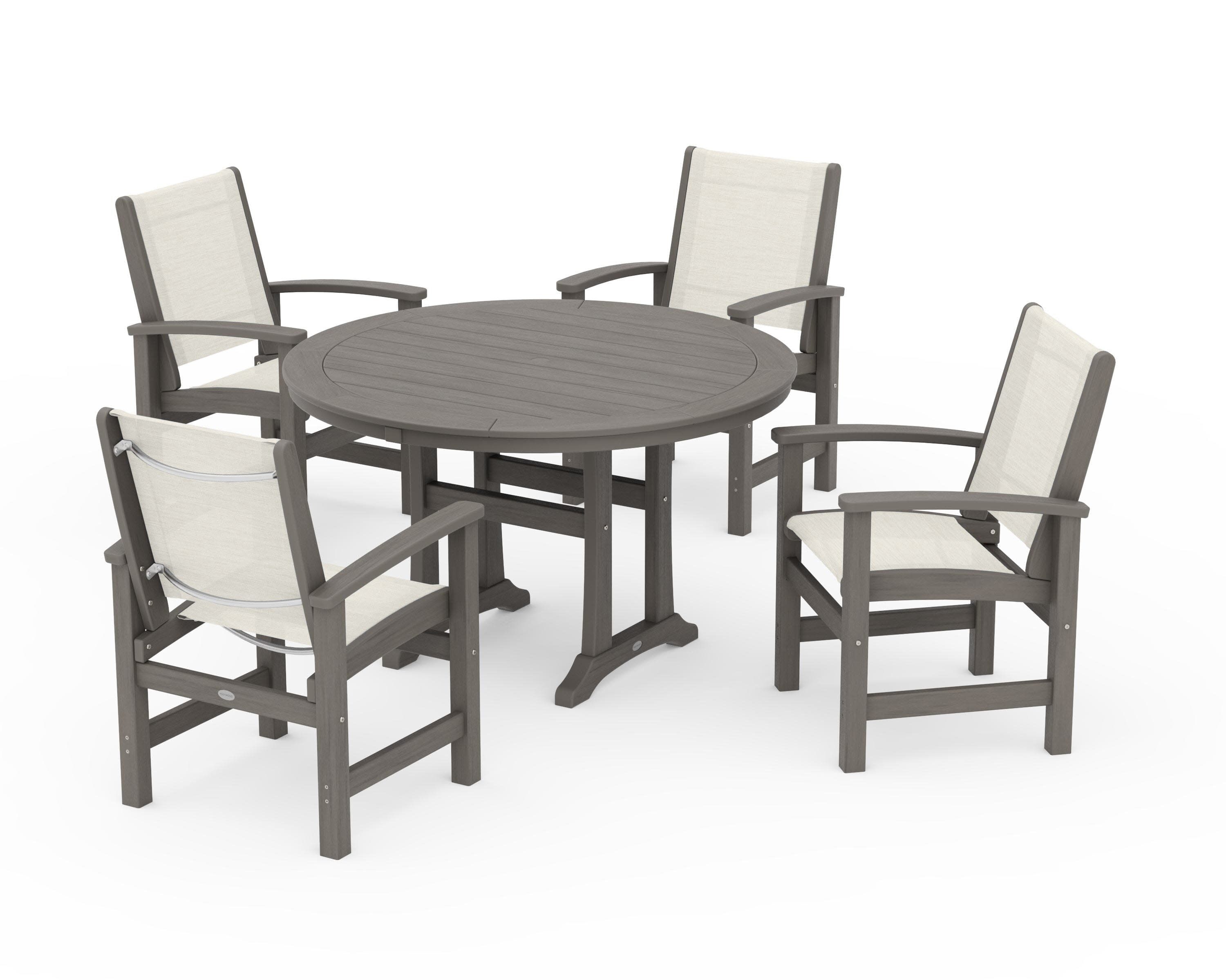 Coastal 5-Piece Round Dining Set with Trestle Legs in Driftwood / Parchment Sling