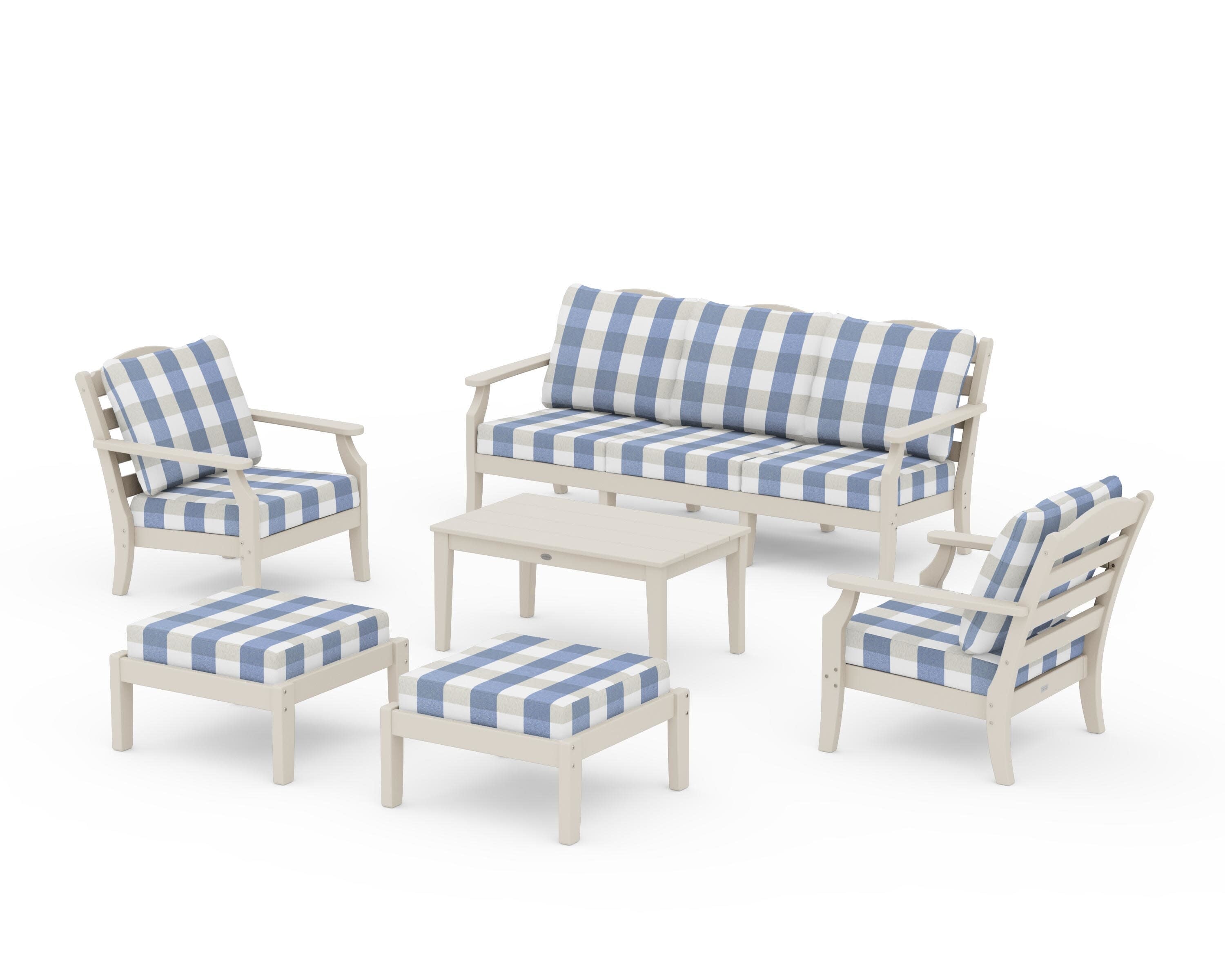 Savannah 6-Piece Lounge Sofa Set in Sand / Buffalo Plaid Sky Blue
