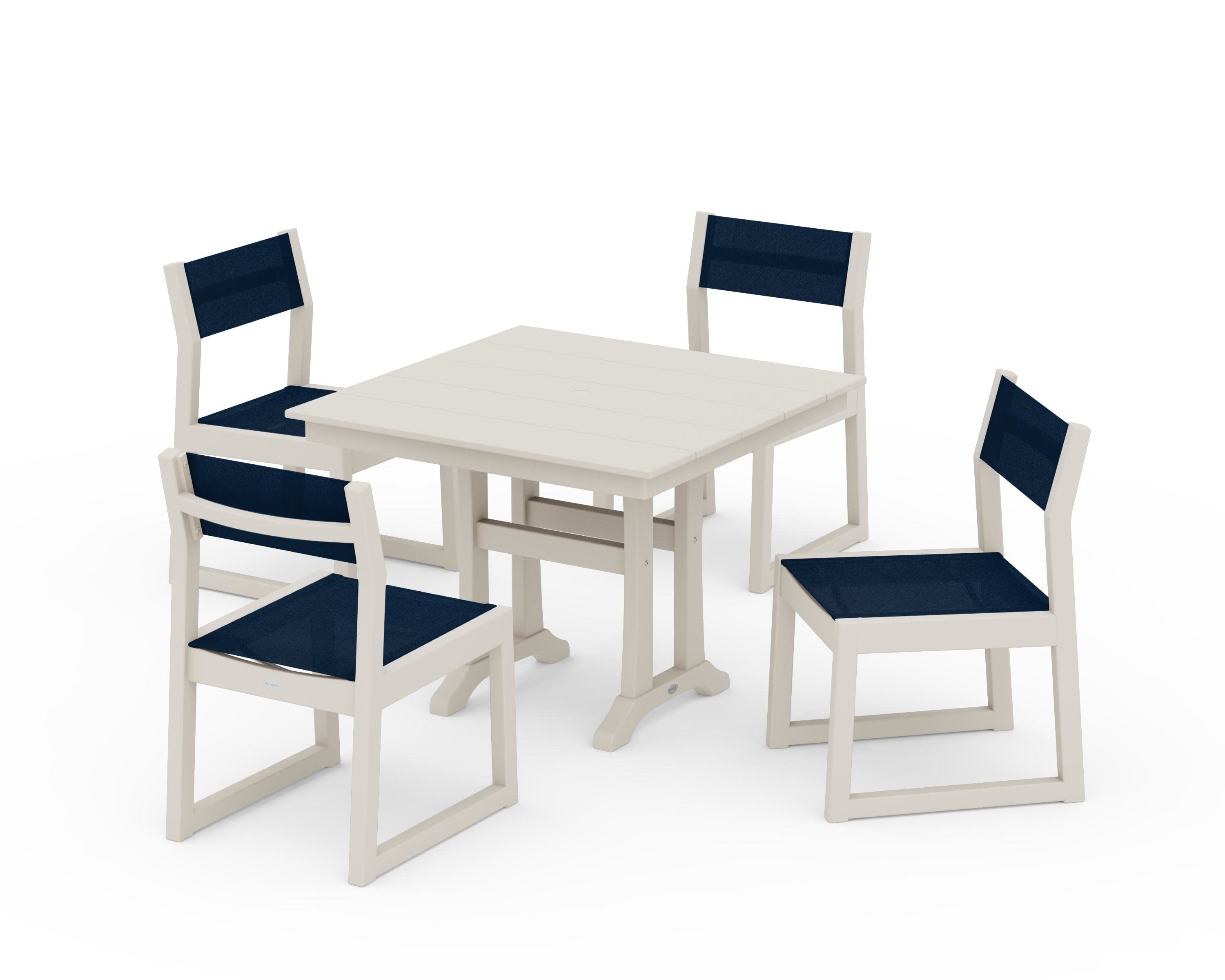 EDGE Sling 5-Piece Farmhouse Trestle Side Chair Dining Set in Sand / Navy Blue Sling