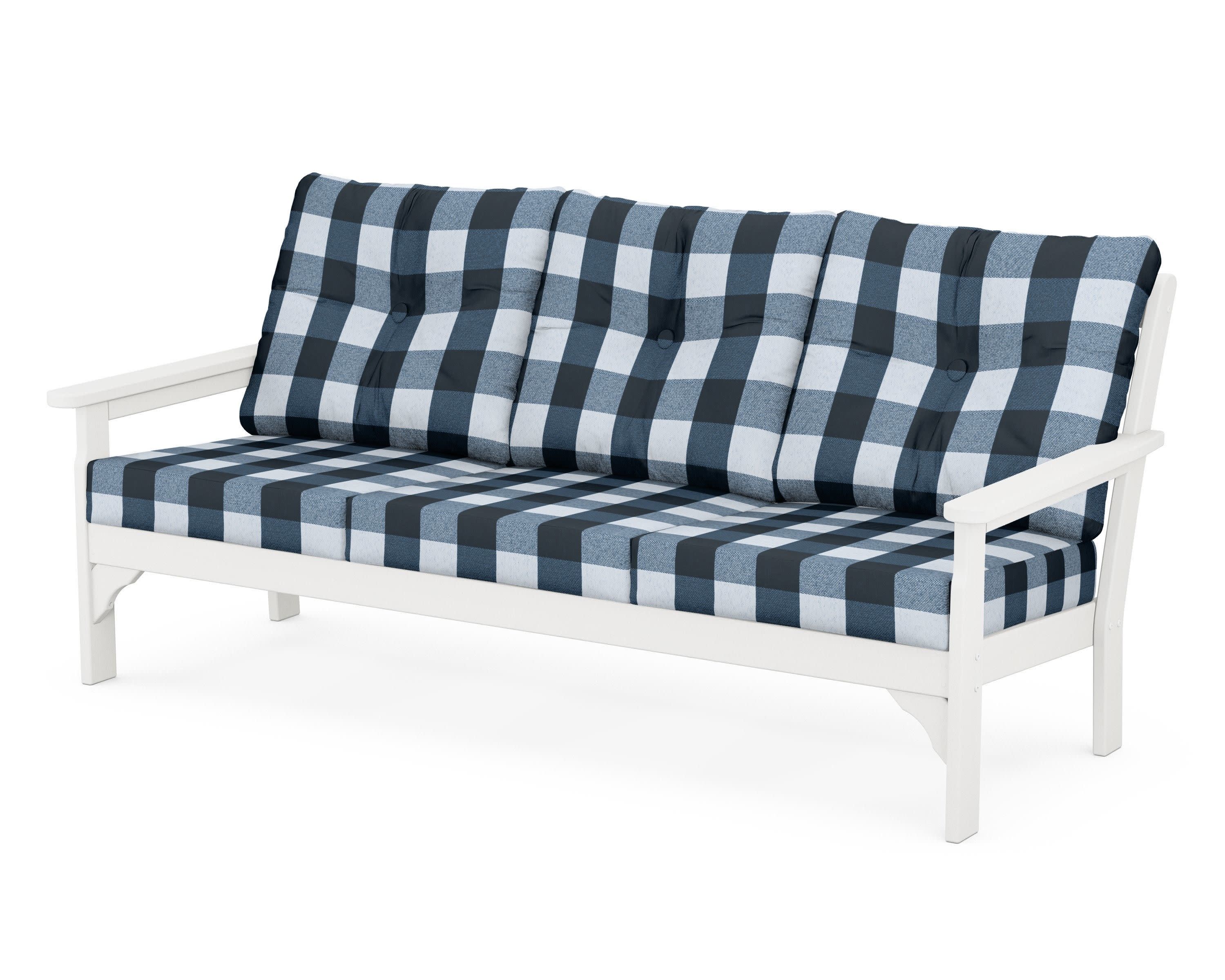 Vineyard Deep Seating Sofa in Vintage White / Buffalo Plaid Marine Indigo