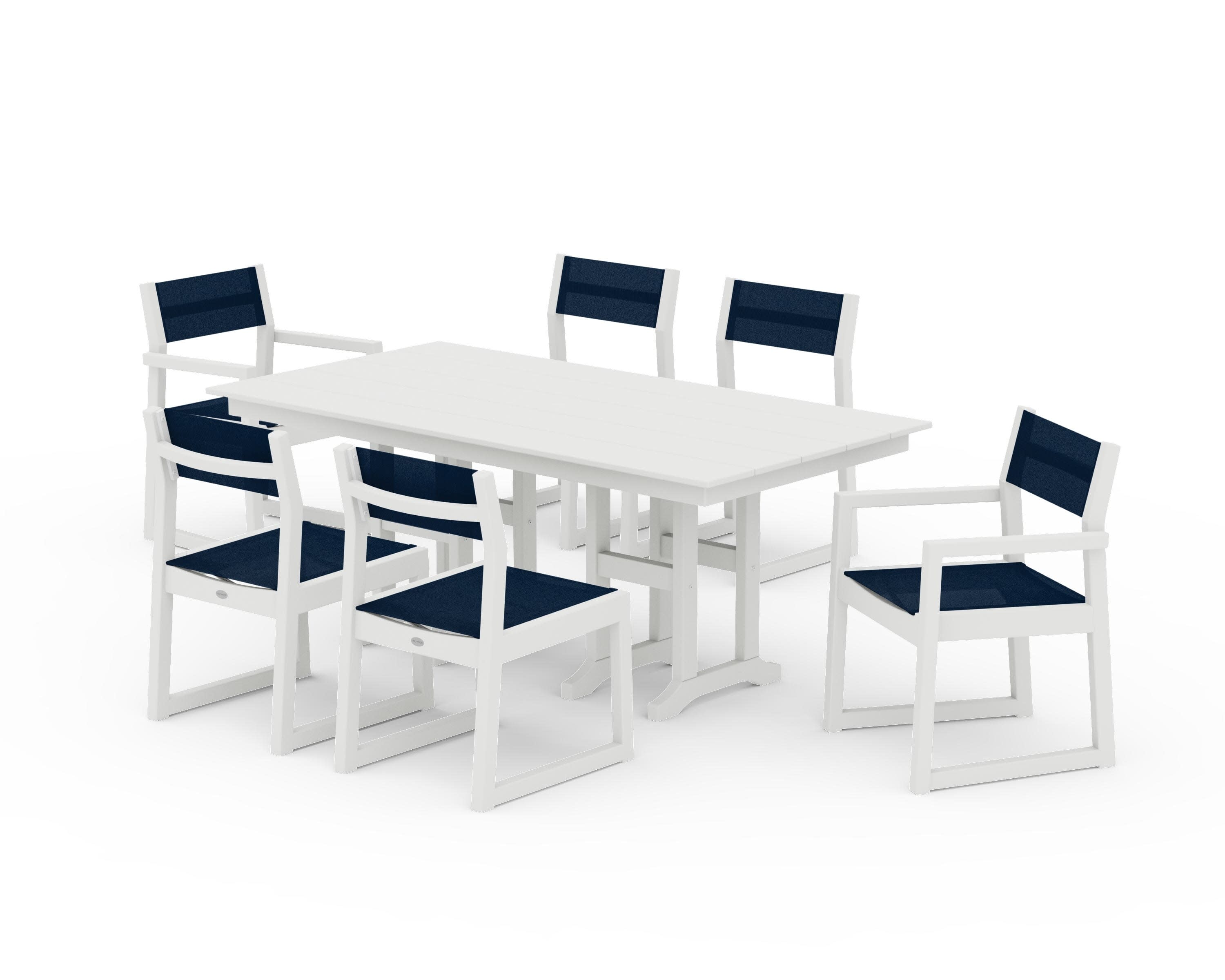 EDGE Sling 7-Piece Farmhouse Dining Set in Vintage White / Navy Blue Sling