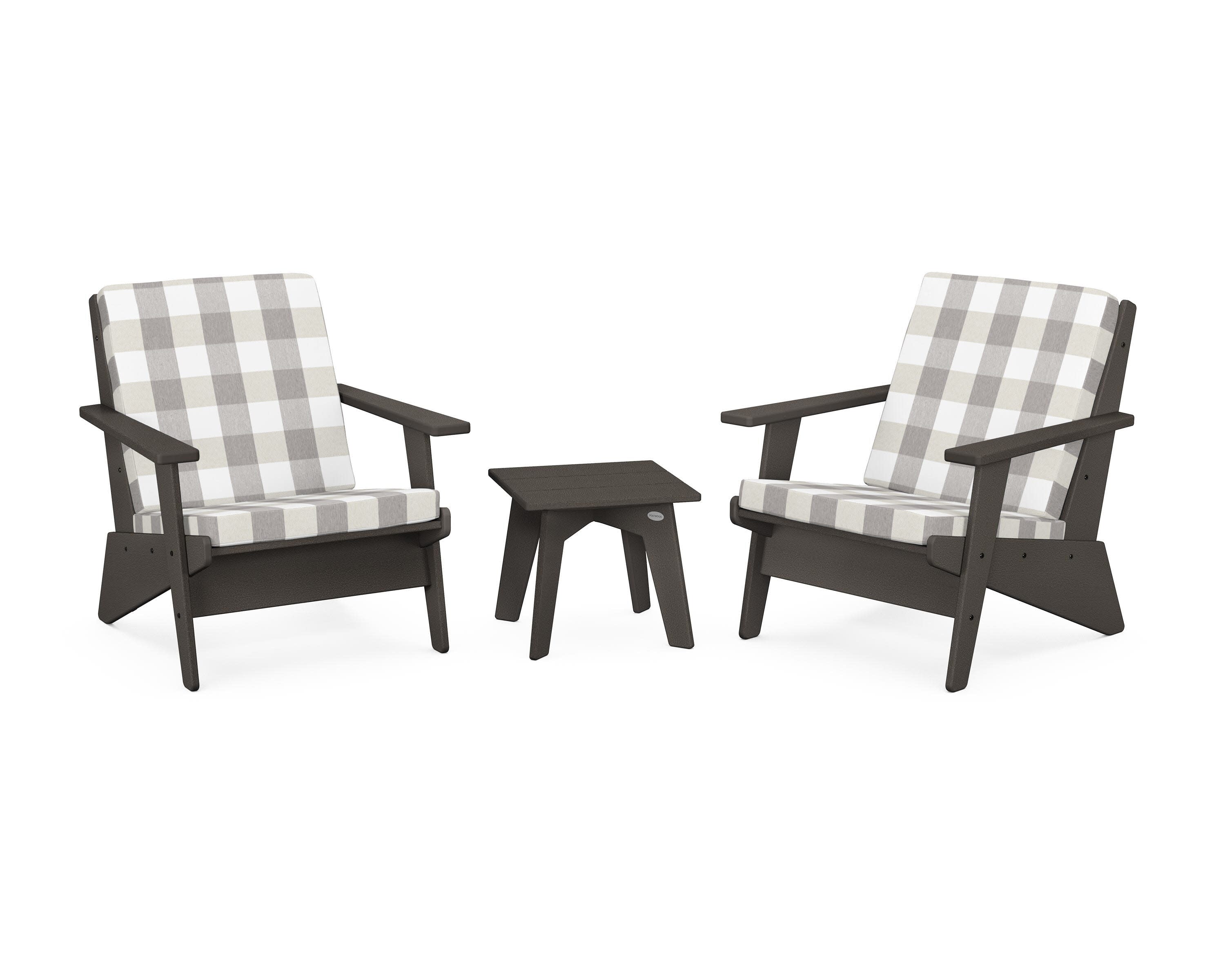 Riviera Modern Lounge 3-Piece Set in Vintage Coffee / Buffalo Plaid Grey Mist