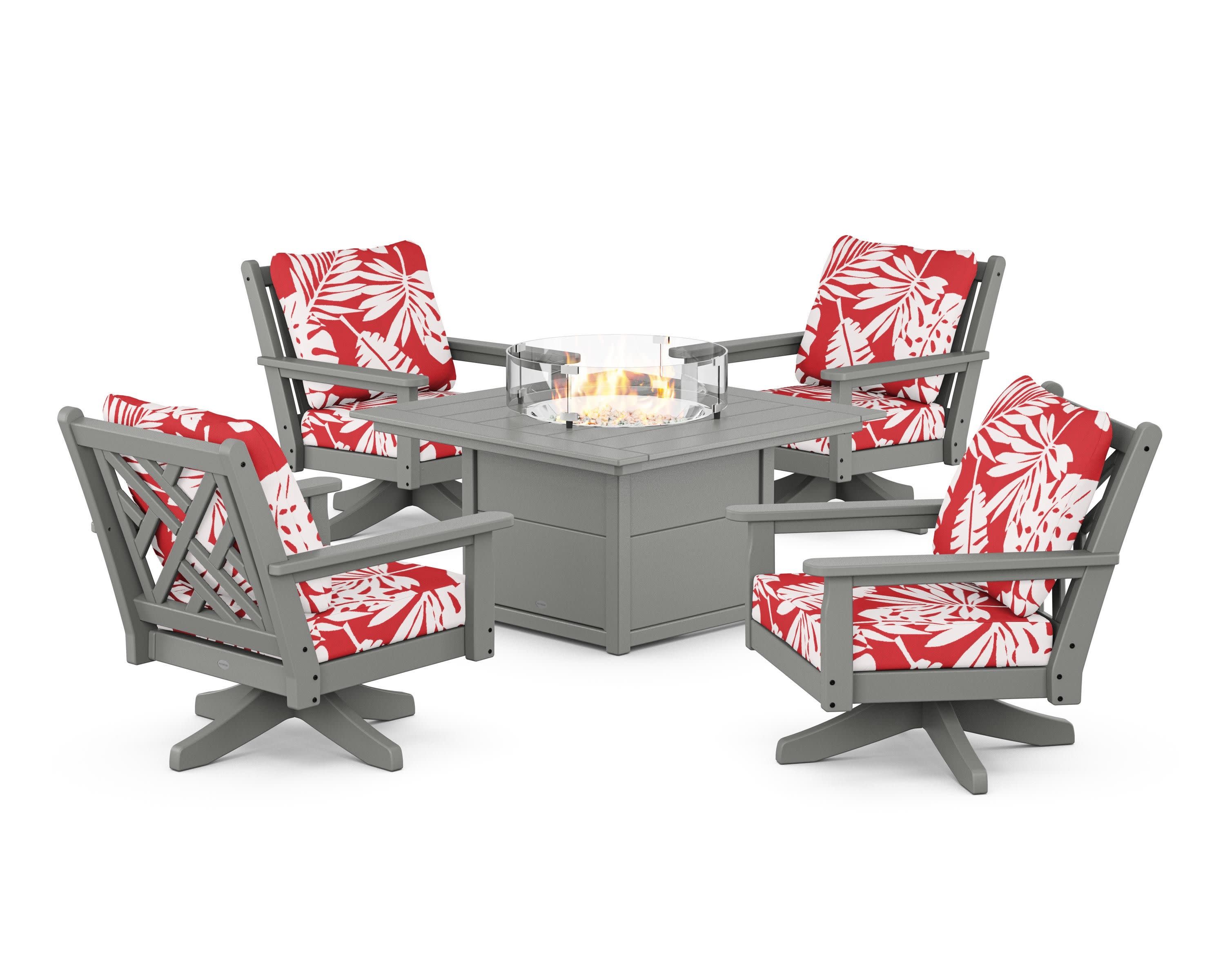 Chippendale 5-Piece Deep Seating Swivel Conversation Set with Fire Pit Table in Slate Grey / Leaf Crimson