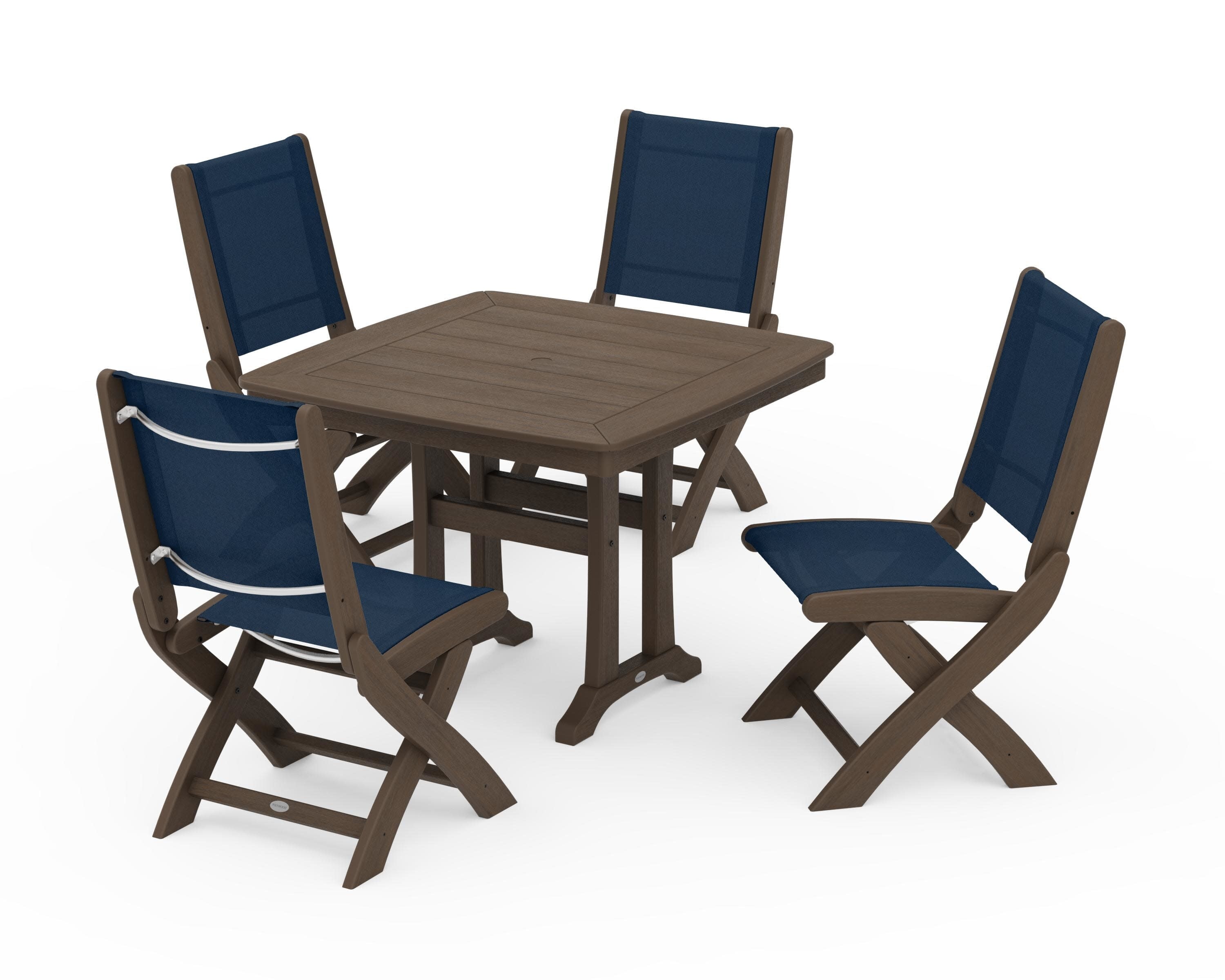 Coastal Folding Side Chair 5-Piece Dining Set with Trestle Legs in Kona / Navy Blue Sling