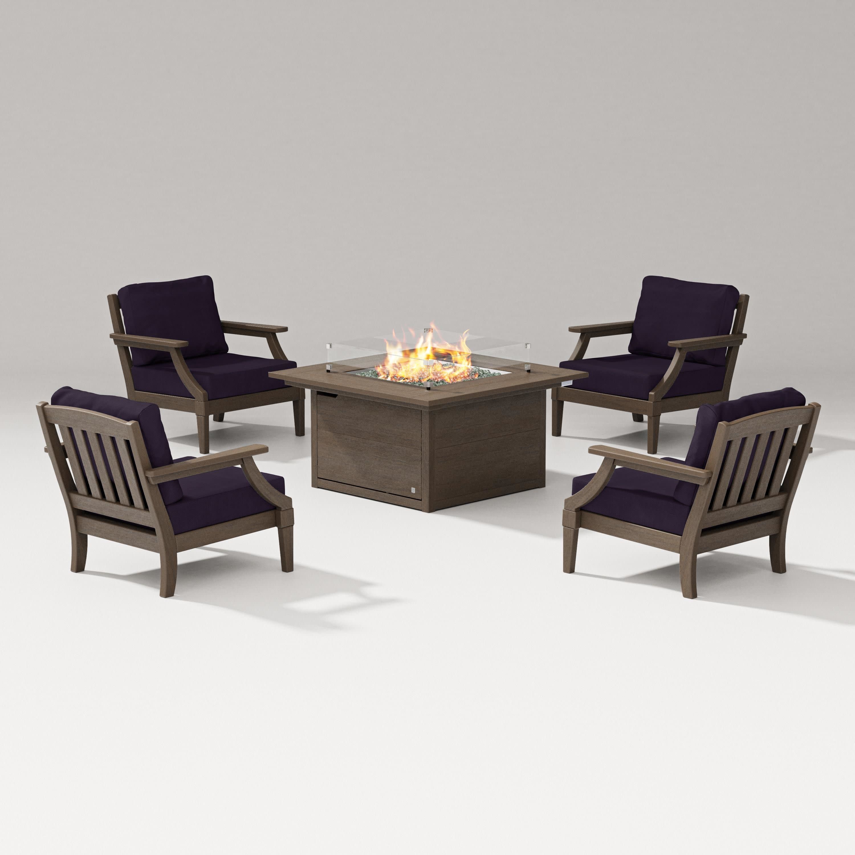 Estate 5-Piece Lounge Fire Table Set in Kona / Navy Linen