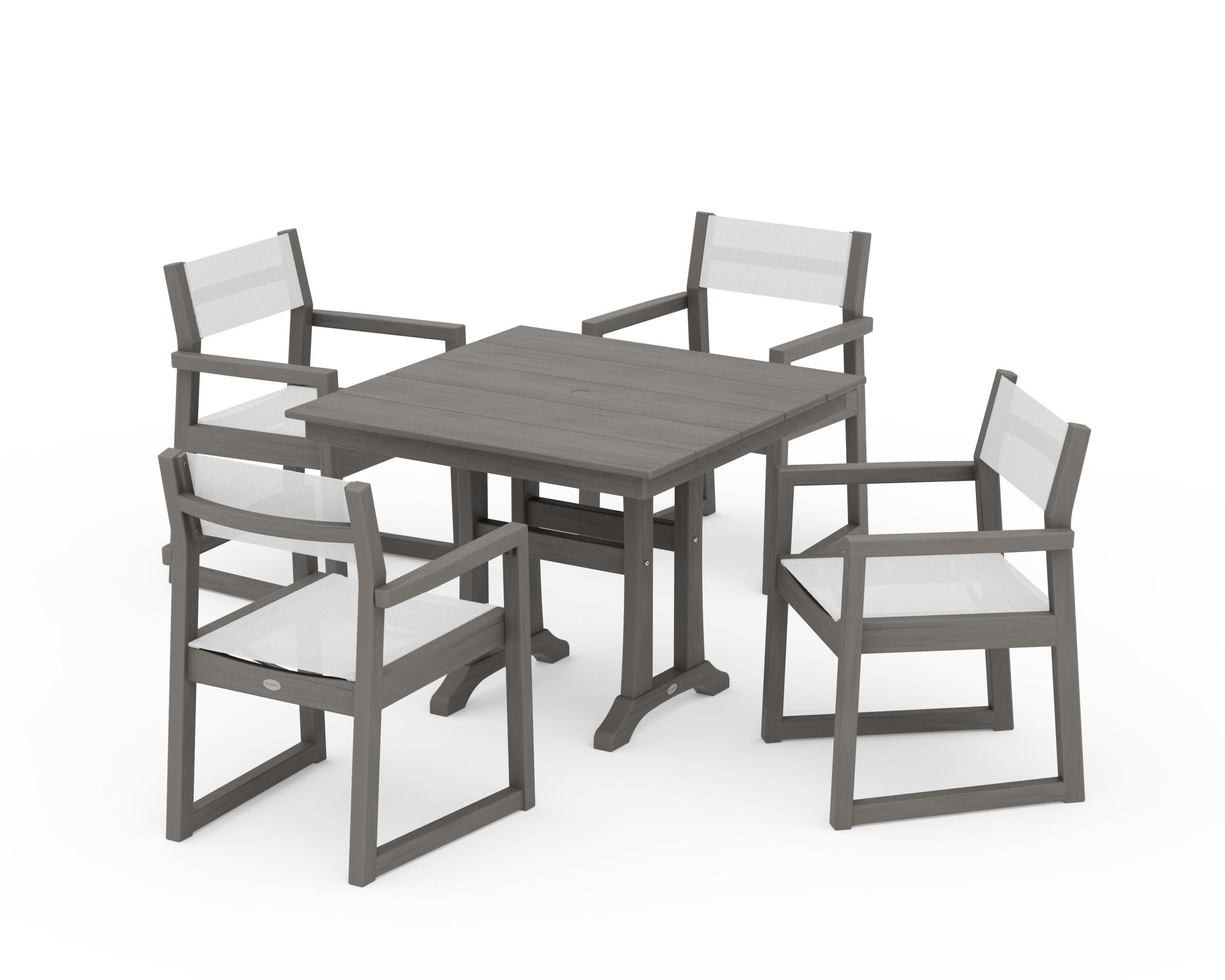 EDGE Sling 5-Piece Farmhouse Dining Set with Trestle Legs in Driftwood / White Sling