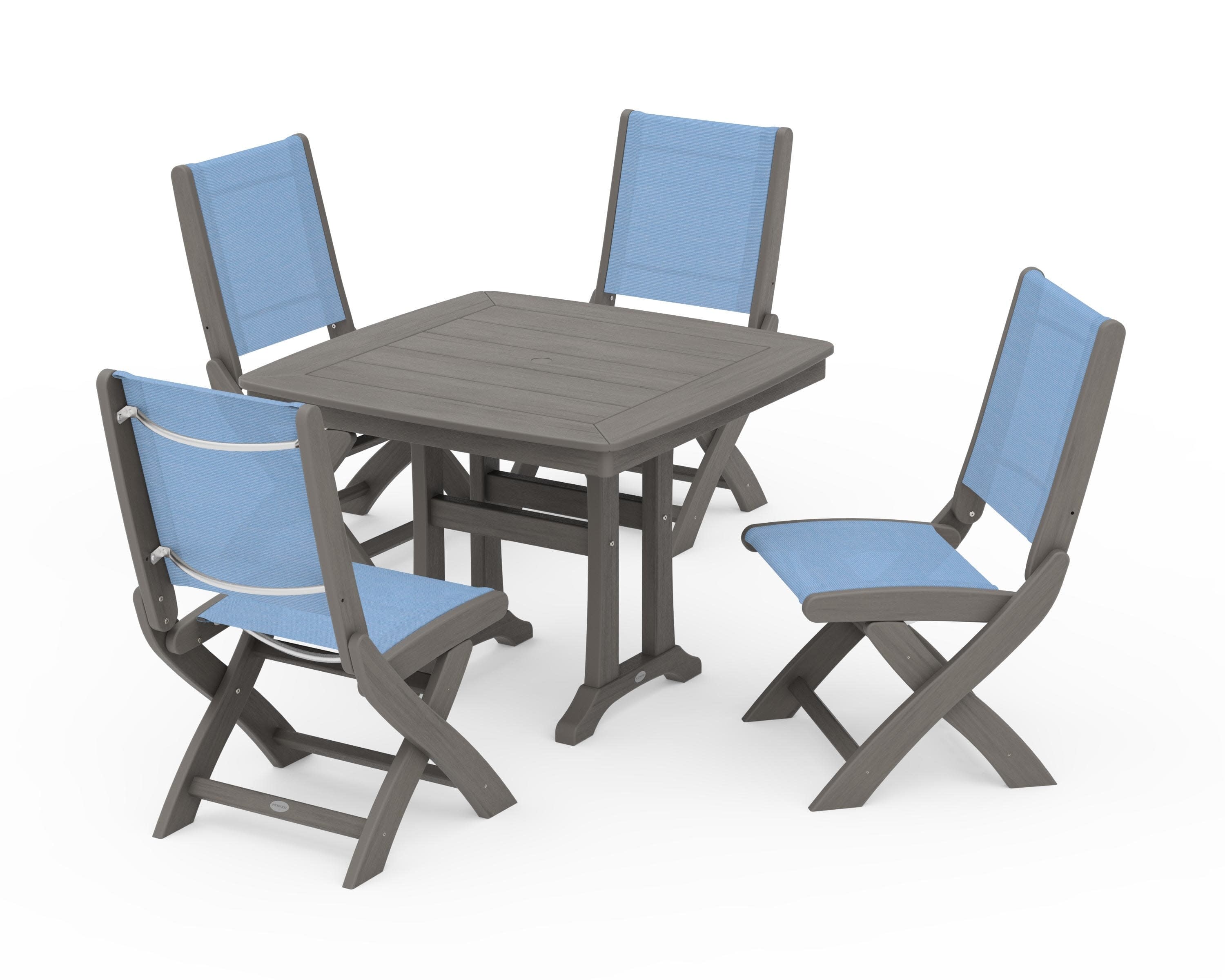 Coastal Folding Side Chair 5-Piece Dining Set with Trestle Legs in Driftwood / Poolside Sling