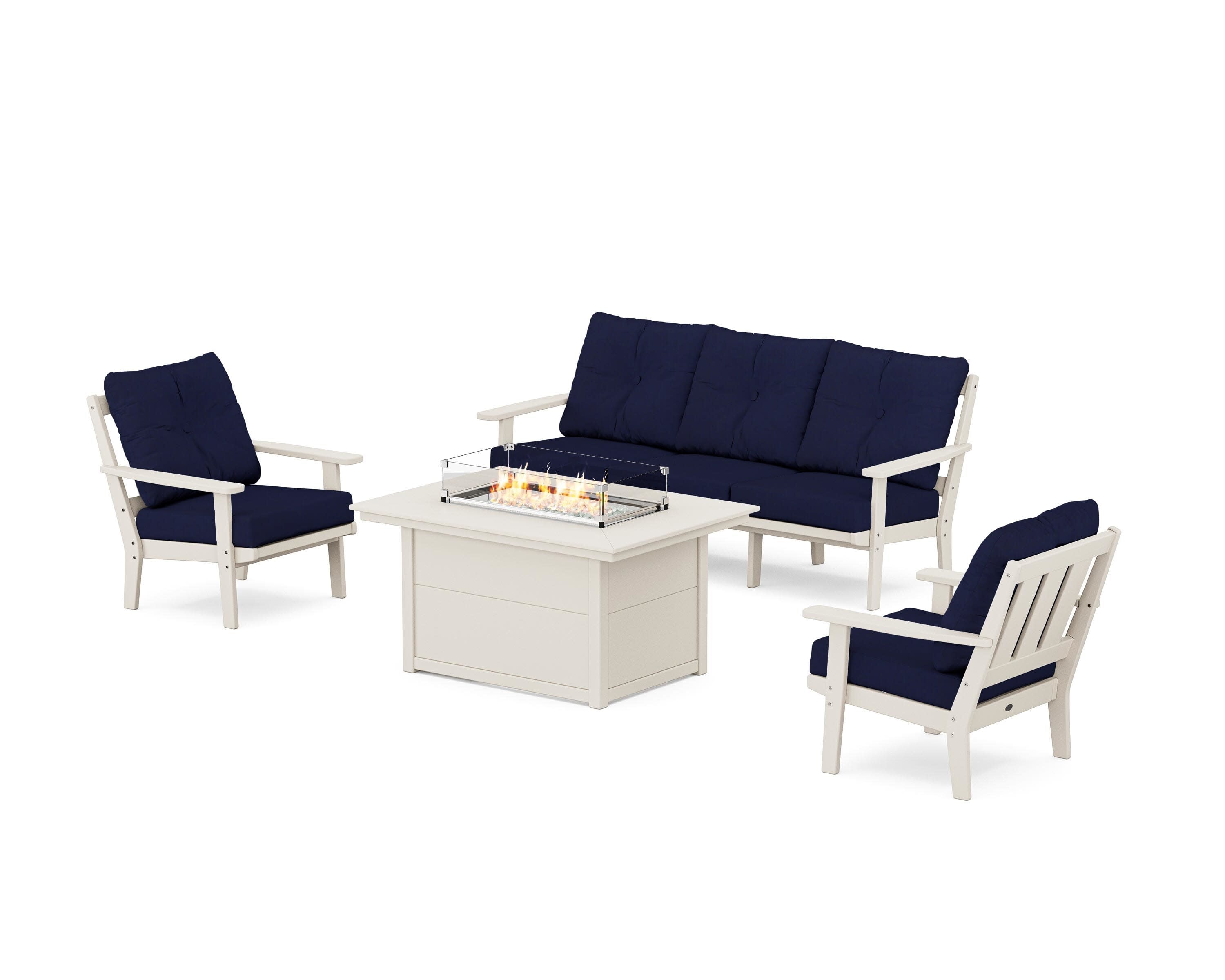 Oxford Deep Seating Fire Pit Table Set in Sand / Navy