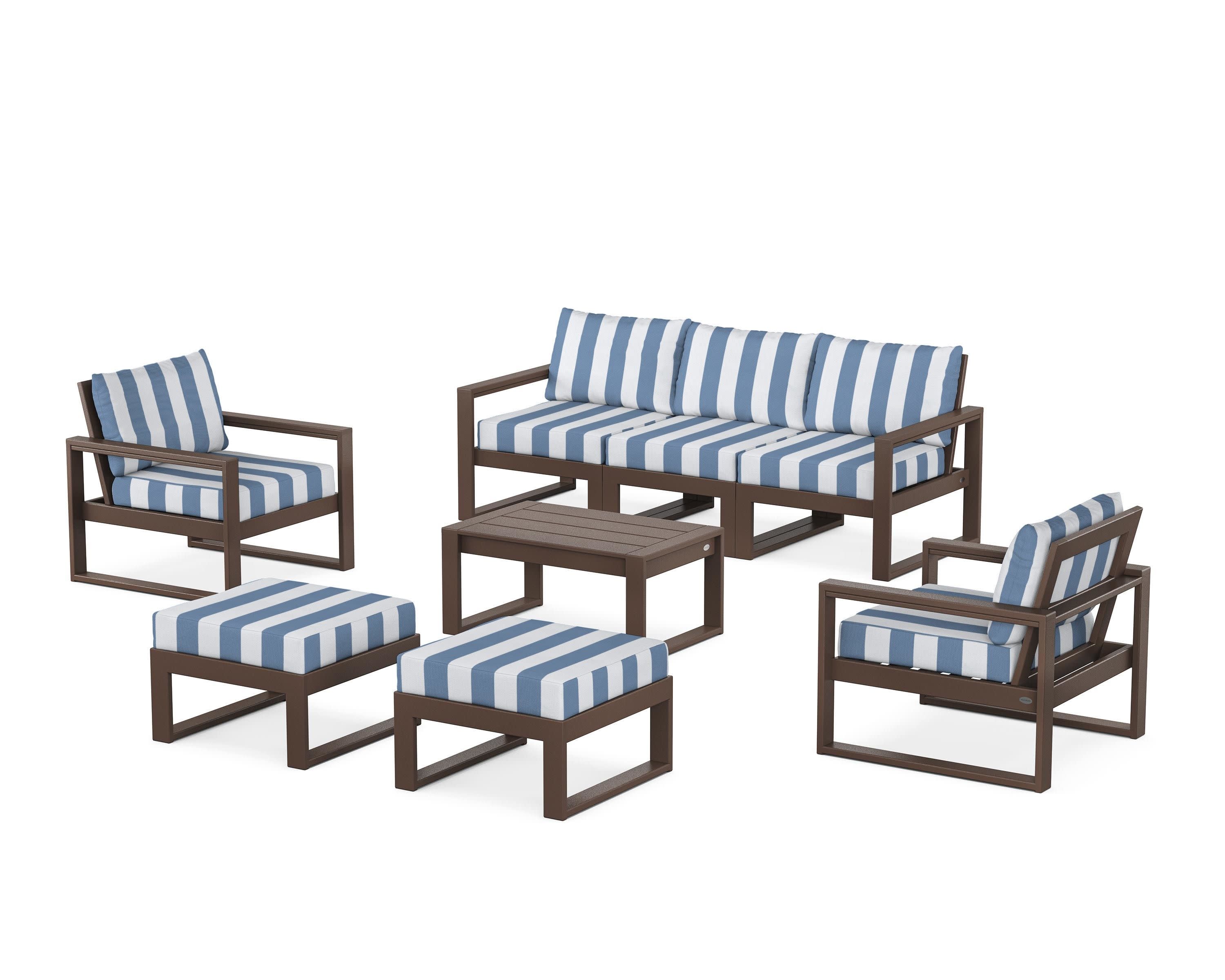EDGE Sectional 8-Piece Lounge Sofa Set in Mahogany / Cabana Stripe Sky Blue