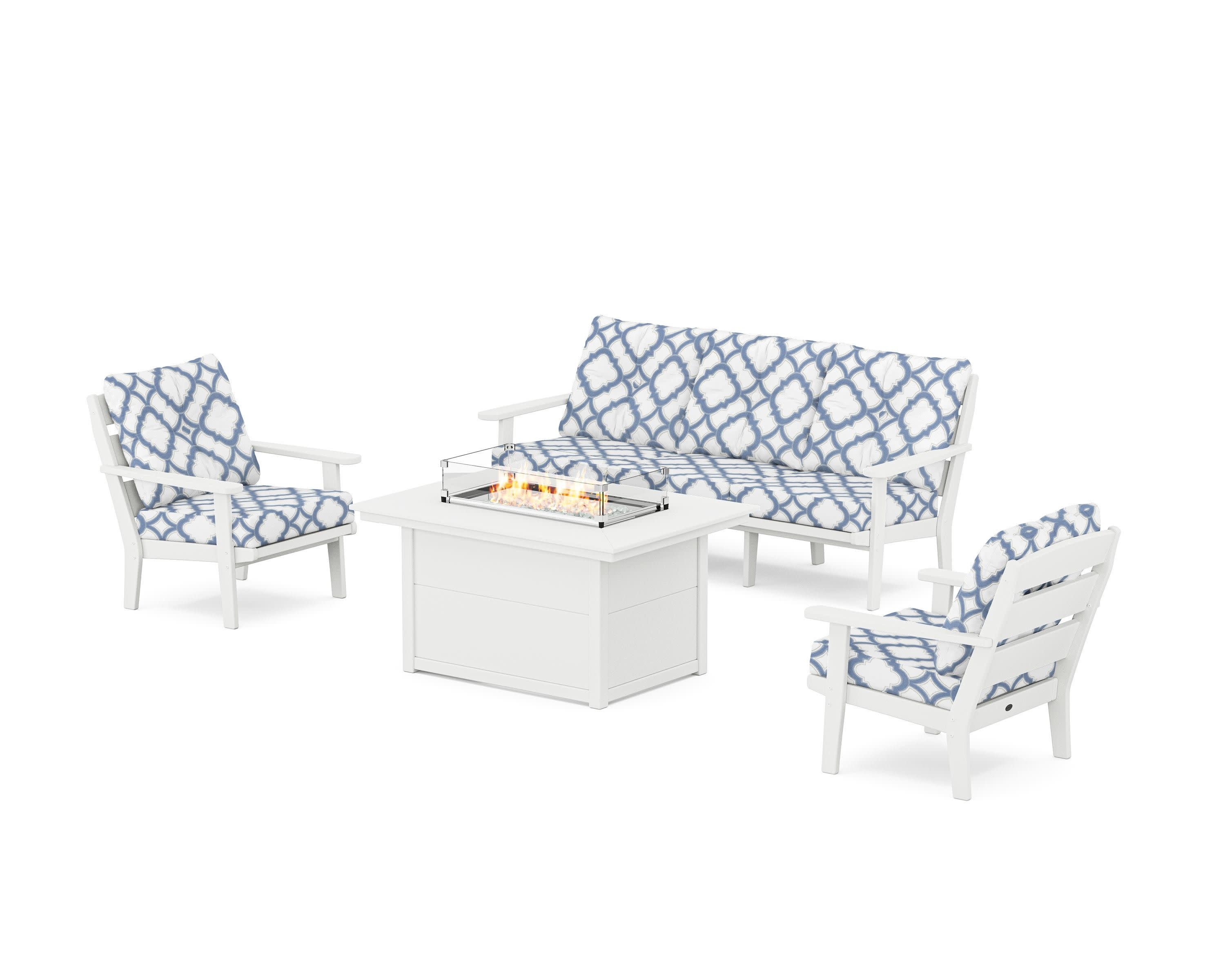 Lakeside Deep Seating Fire Pit Table Set in White / Trellis Sky Blue