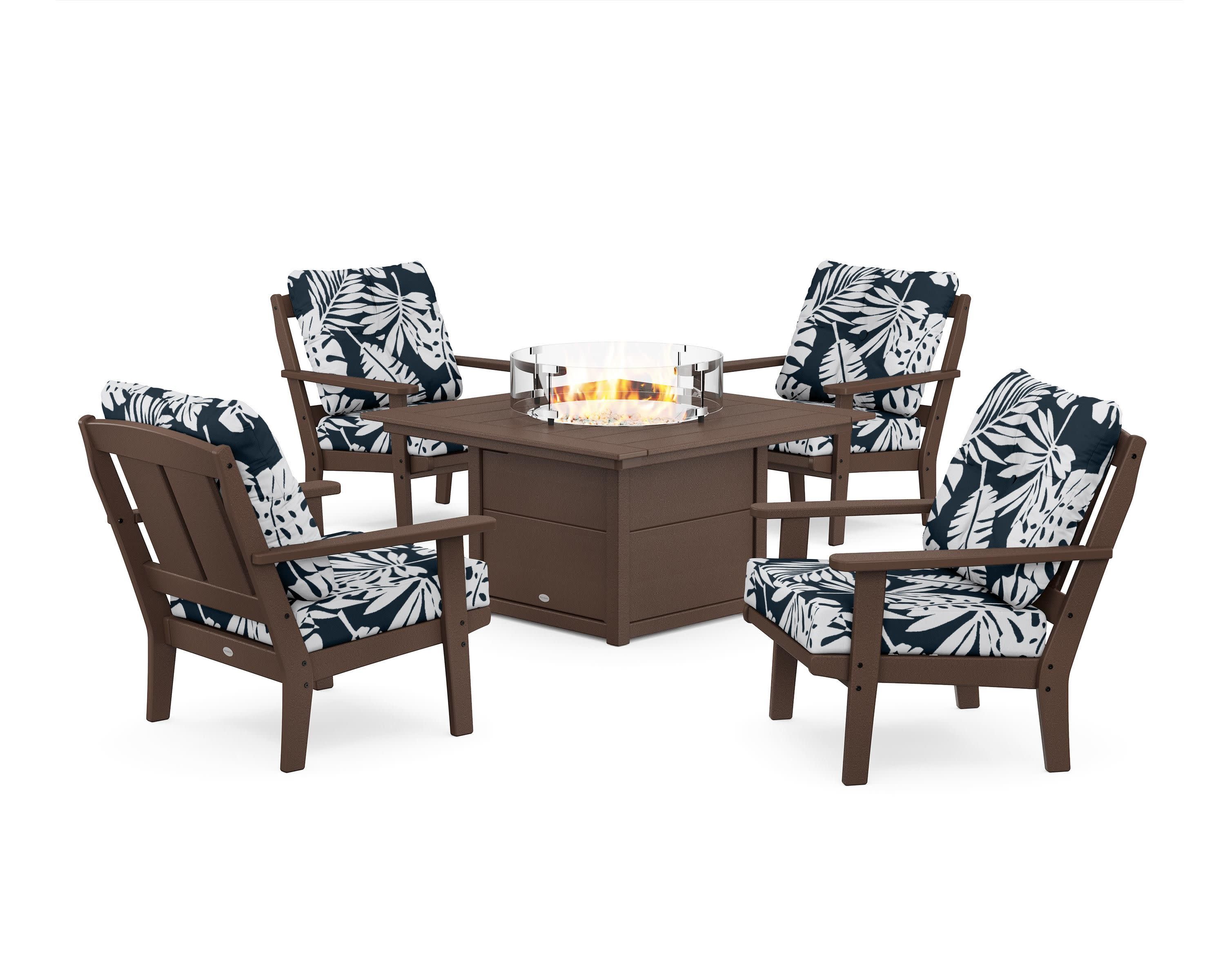 Mission 5-Piece Deep Seating Set with Fire Pit Table in Mahogany / Leaf Marine Indigo