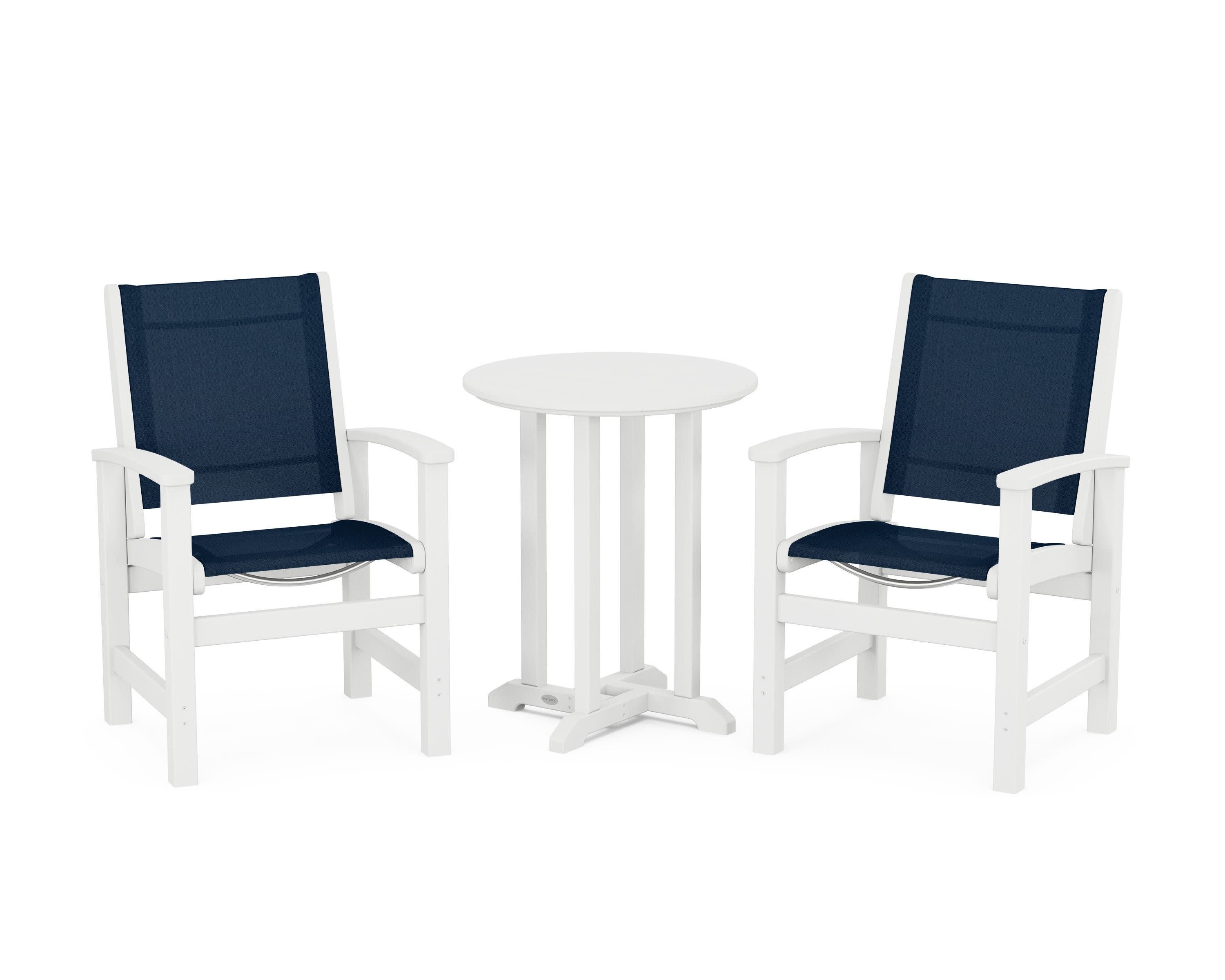 Coastal 3-Piece Round Bistro Dining Set in White / Navy Blue Sling