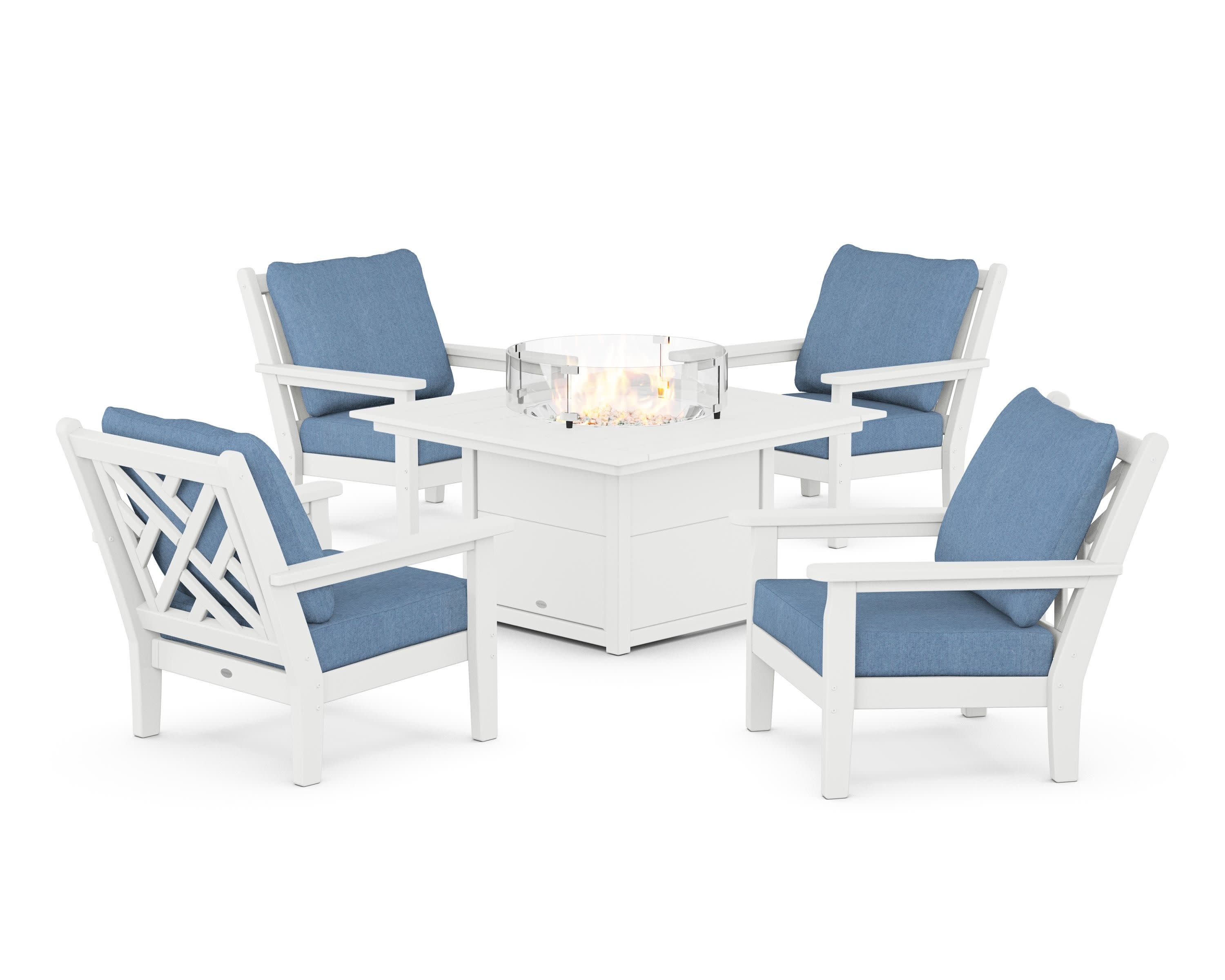 Chippendale 5-Piece Deep Seating Set with Fire Pit Table in White / Sky Blue