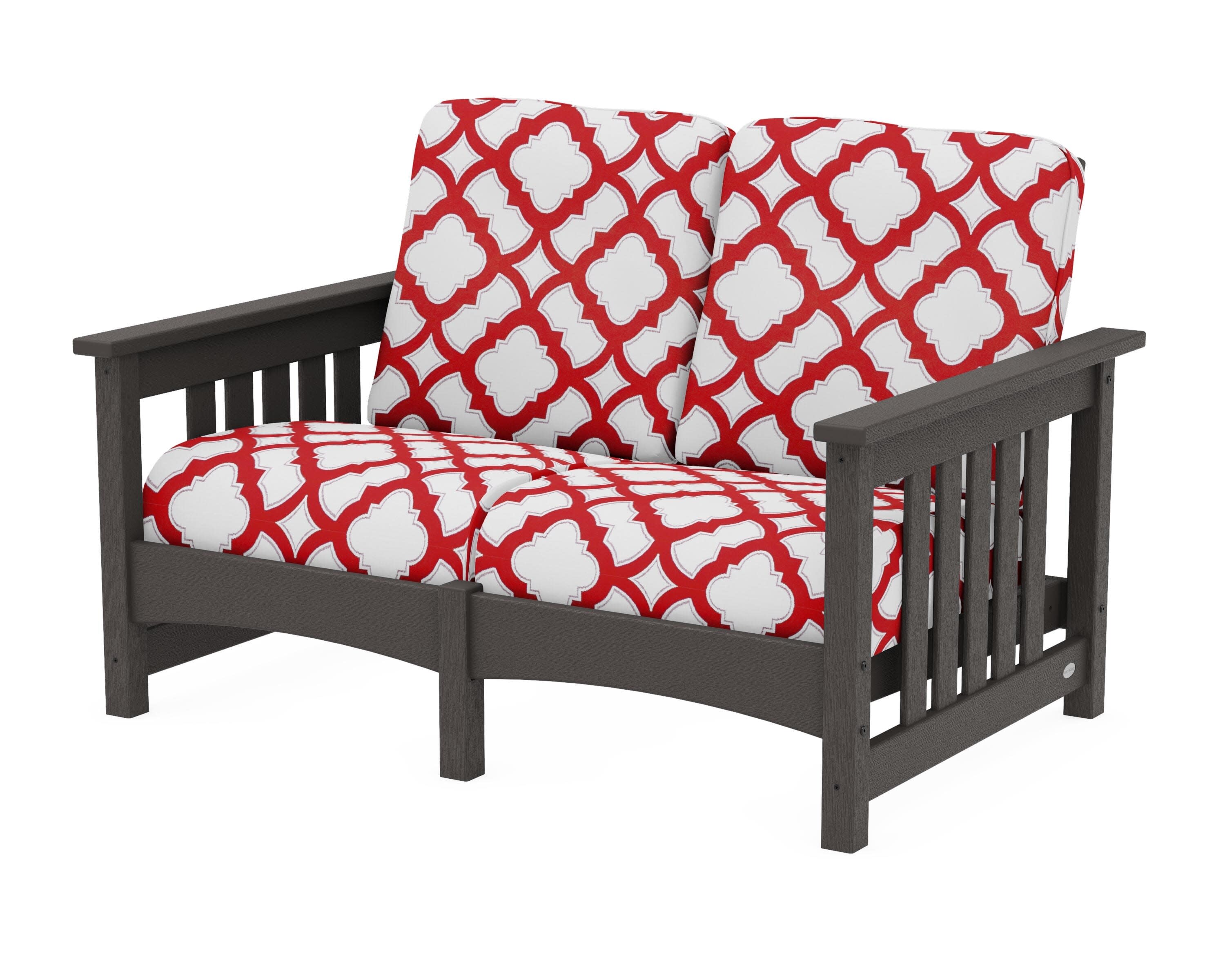 Club Mission Loveseat in Vintage Coffee / Trellis Crimson