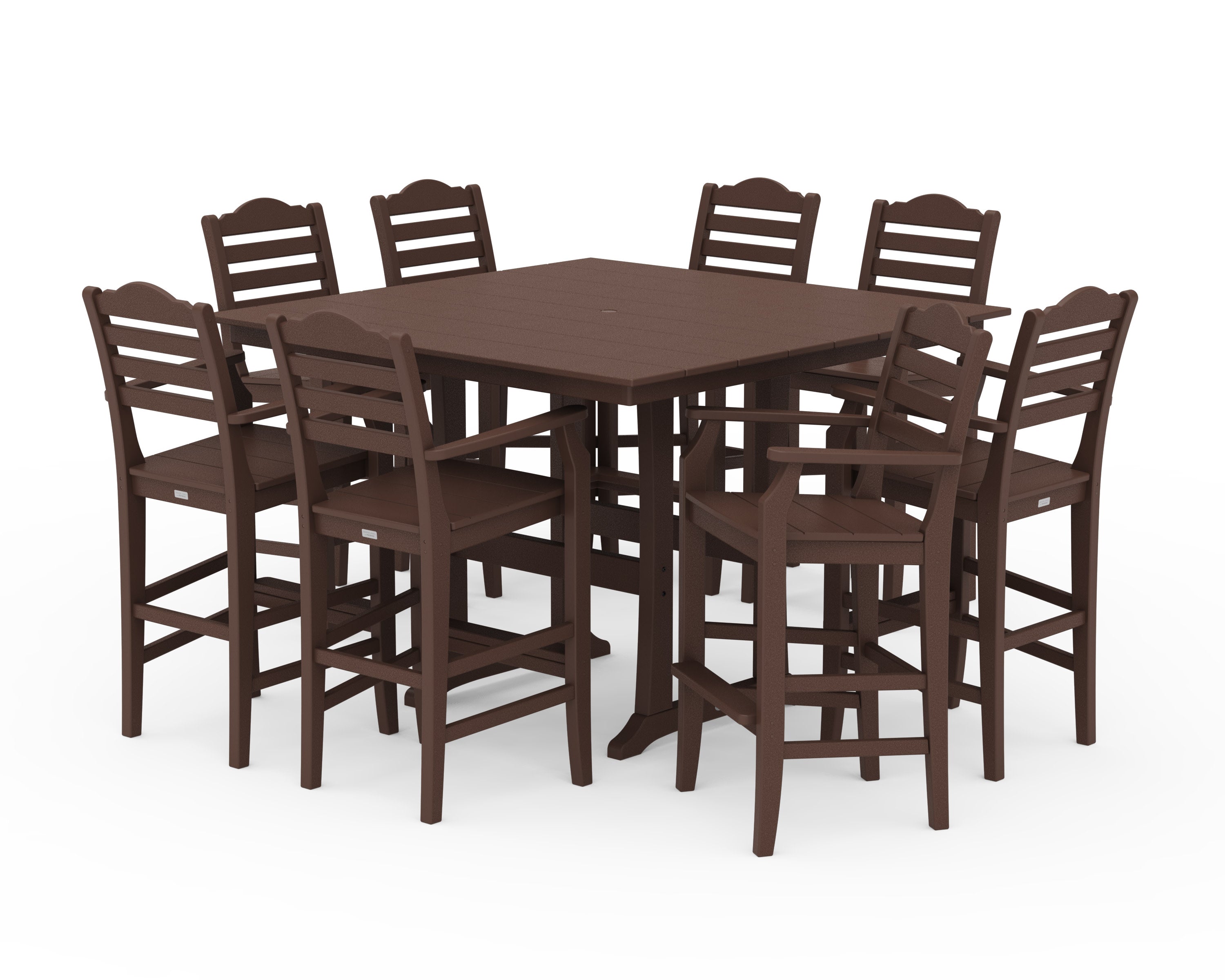 Savannah 9-Piece Square Farmhouse Bar Set with Trestle Legs in Mahogany