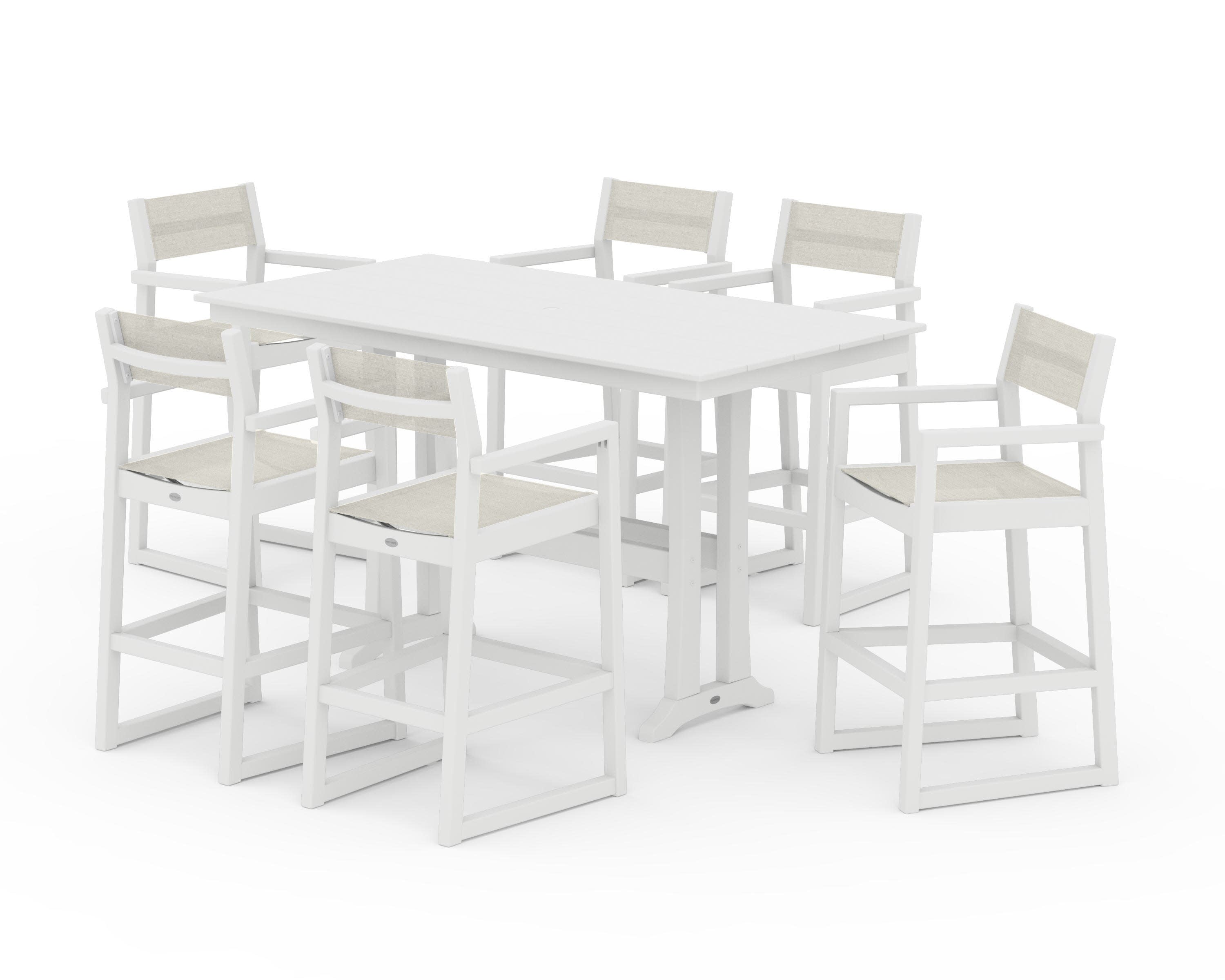 EDGE Sling Arm Chair 7-Piece Farmhouse Bar Set with Trestle Legs in White / Parchment Sling