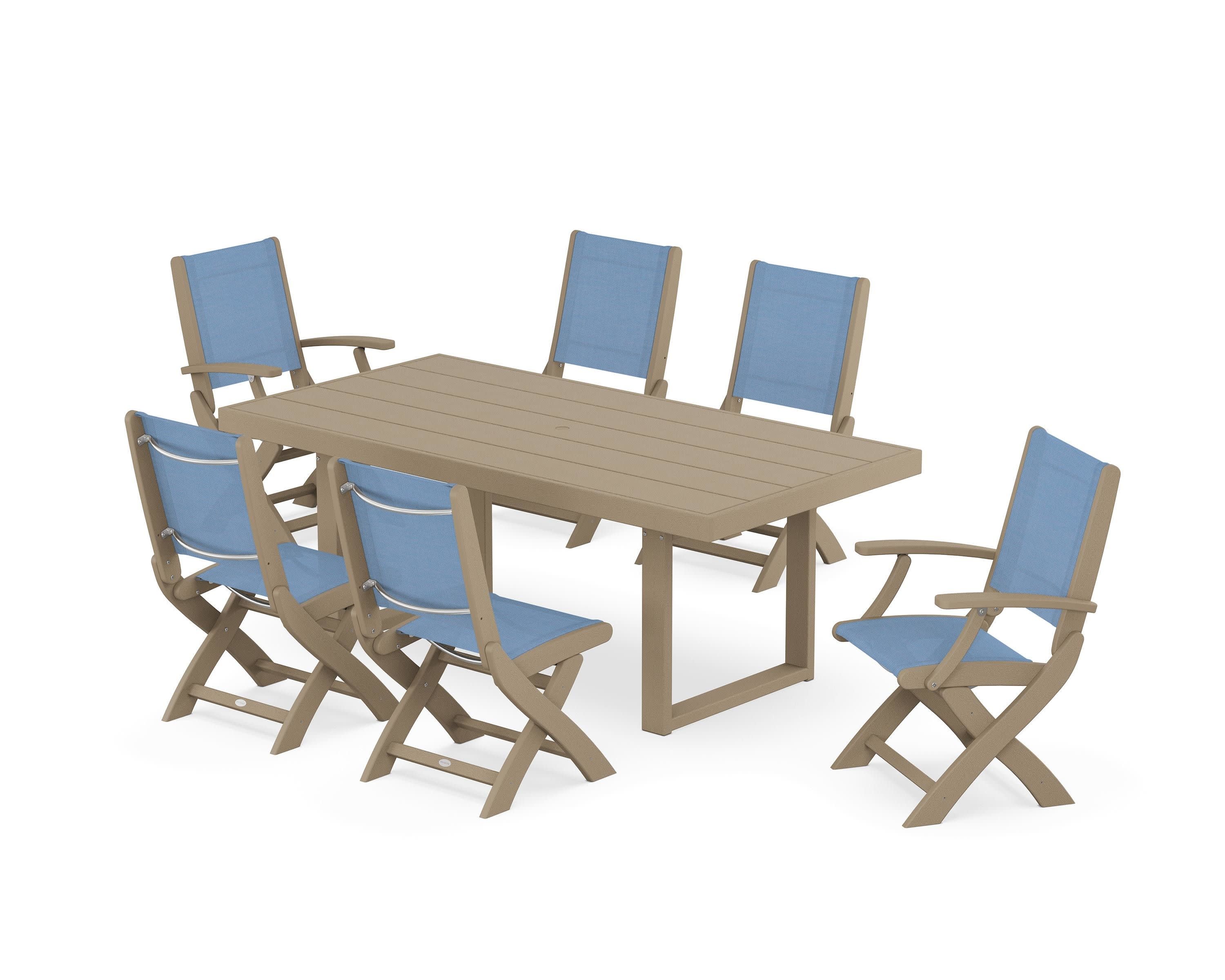 Coastal Folding Chair 7-Piece Dining Set with Trestle Legs in Vintage Sahara / Poolside Sling