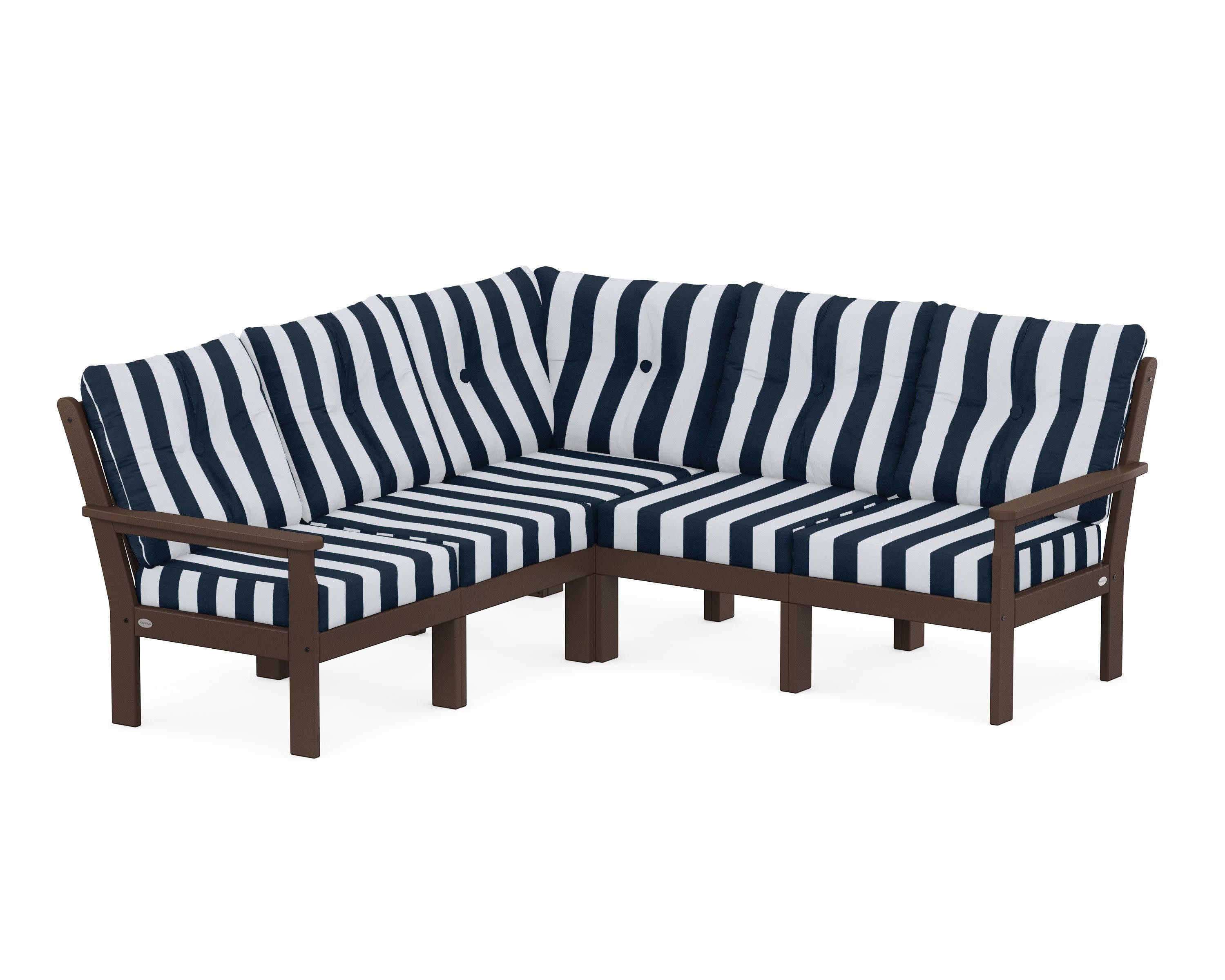 Vineyard 5-Piece Sectional in Mahogany / Cabana Stripe Marine Indigo