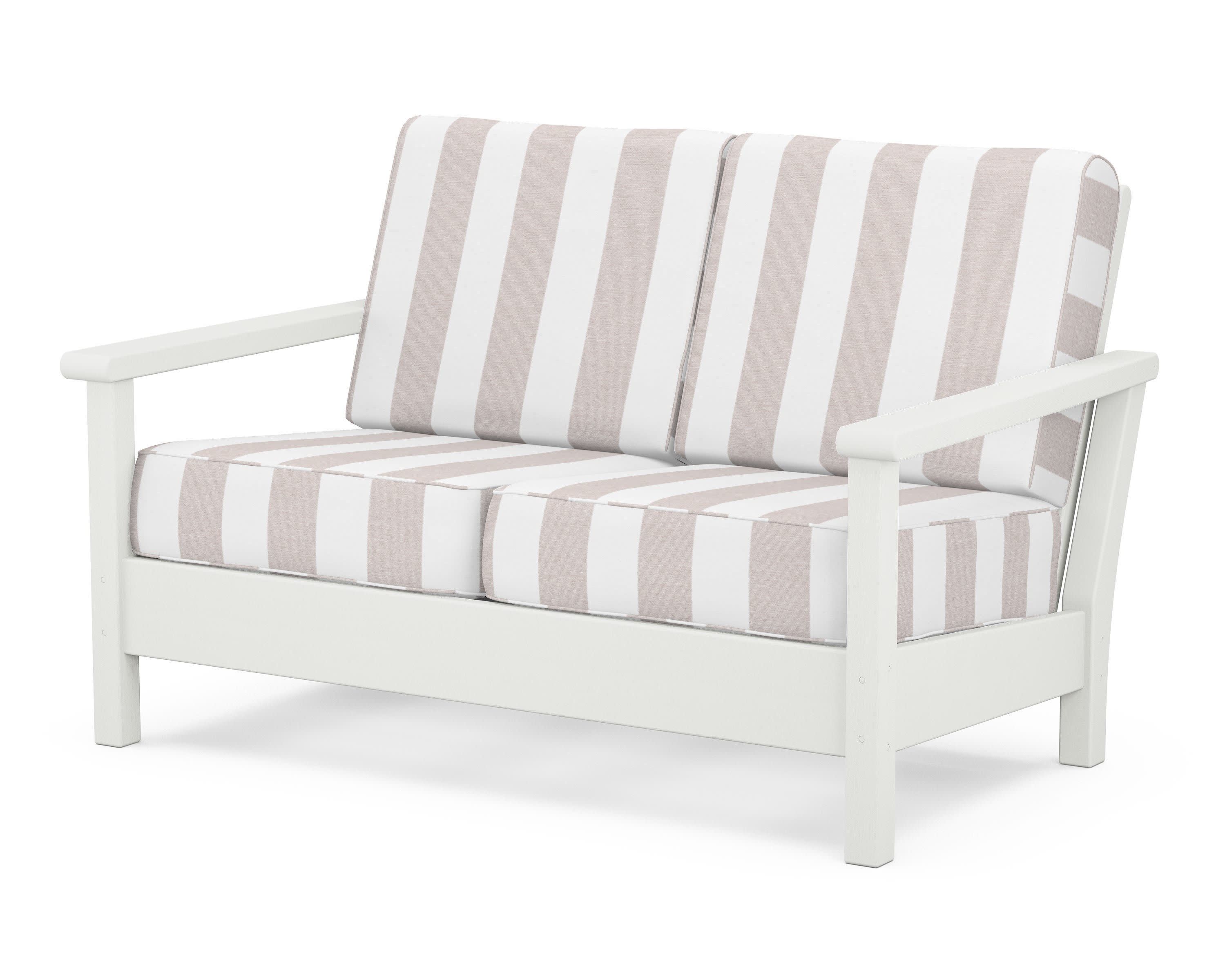 Harbour Deep Seating Loveseat in Vintage White / Cabana Stripe Dune Burlap