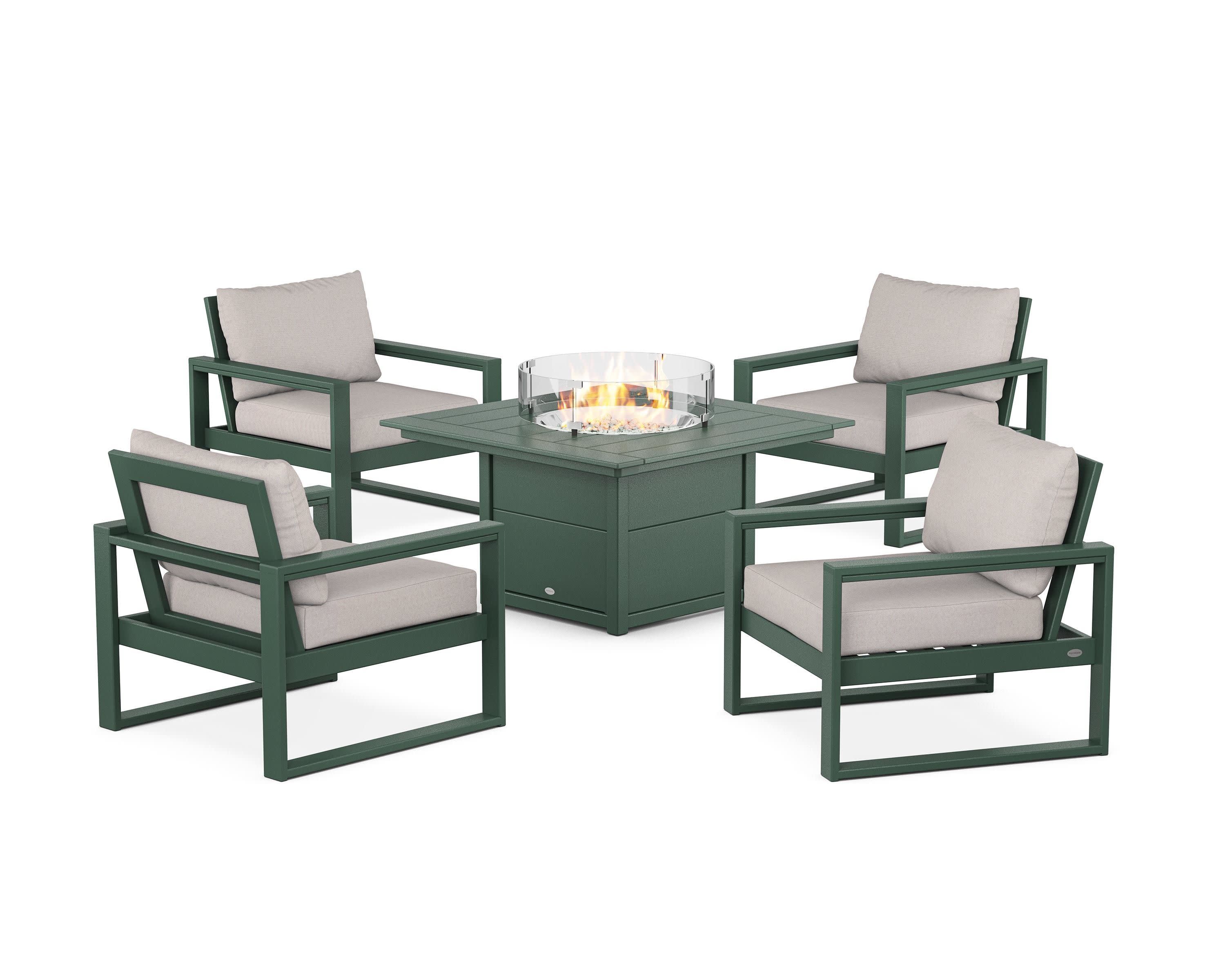 EDGE Sectional 5-Piece Deep Seating Set with Fire Pit Table in Green / Dune Burlap