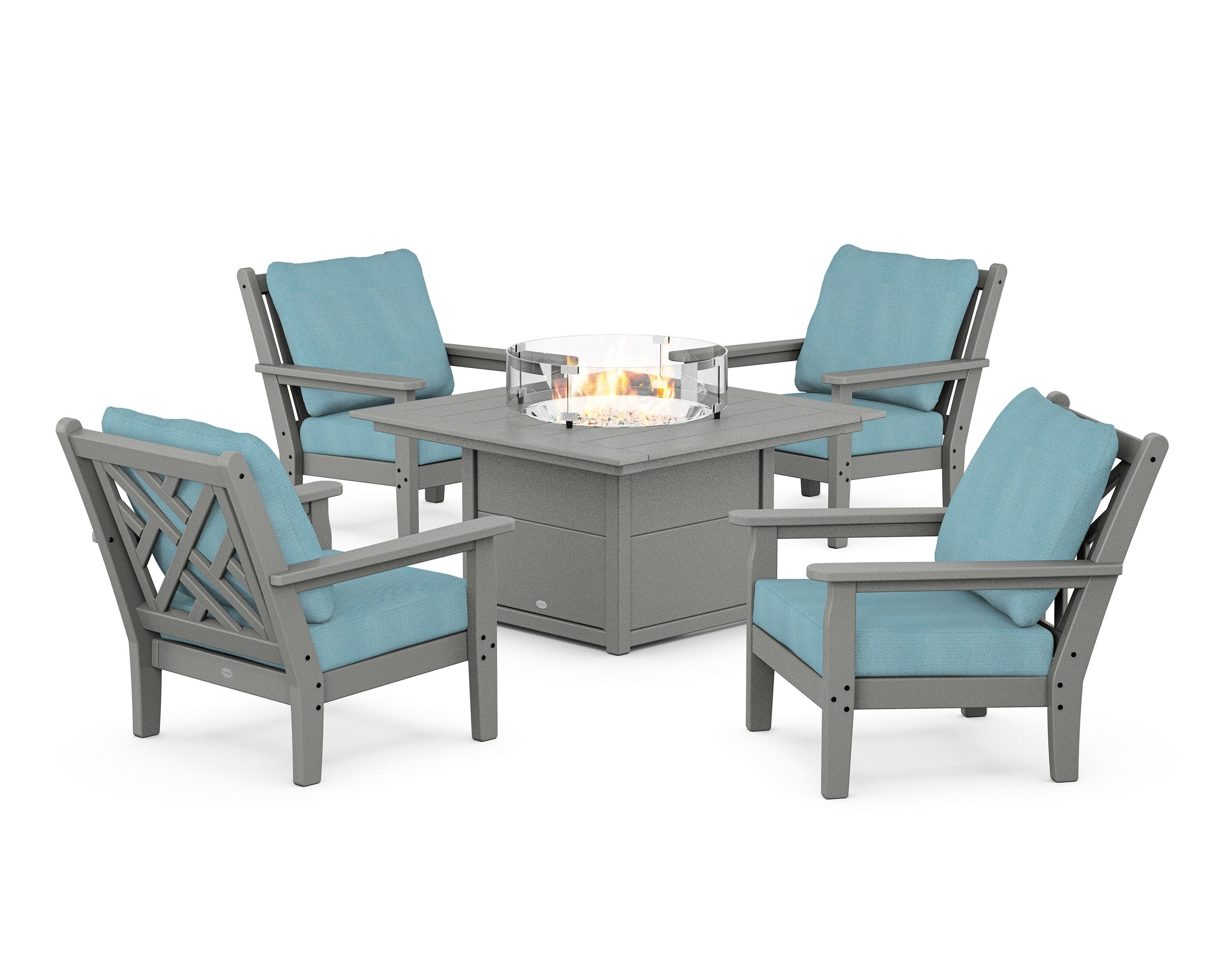 Chippendale 5-Piece Deep Seating Set with Fire Pit Table in Slate Grey / Lattice Sky Blue