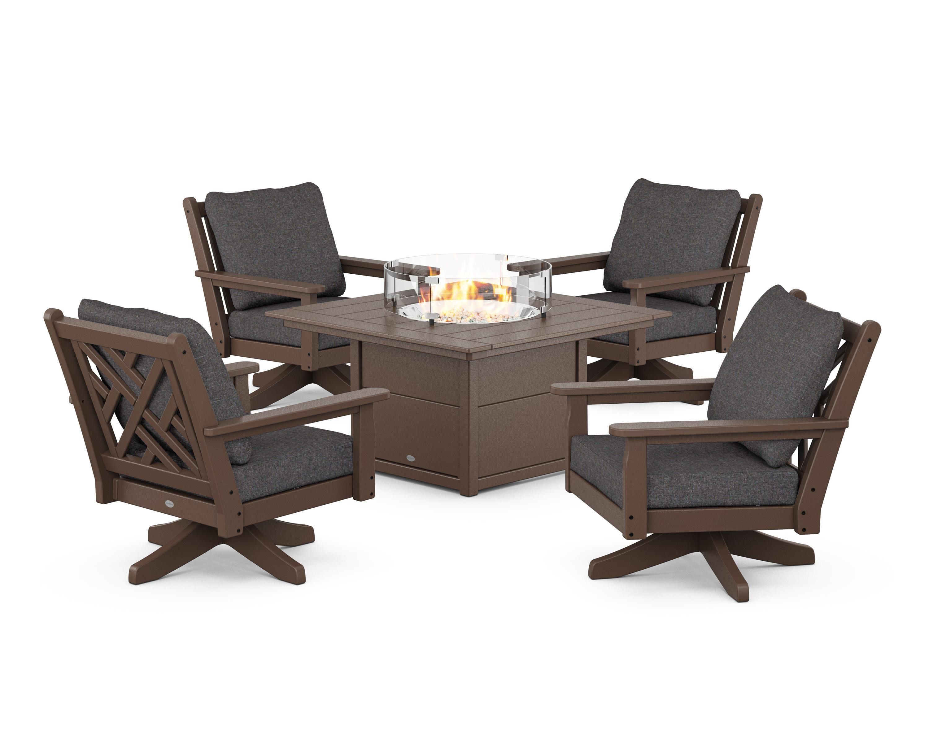 Chippendale 5-Piece Deep Seating Swivel Conversation Set with Fire Pit Table in Mahogany / Ash Charcoal
