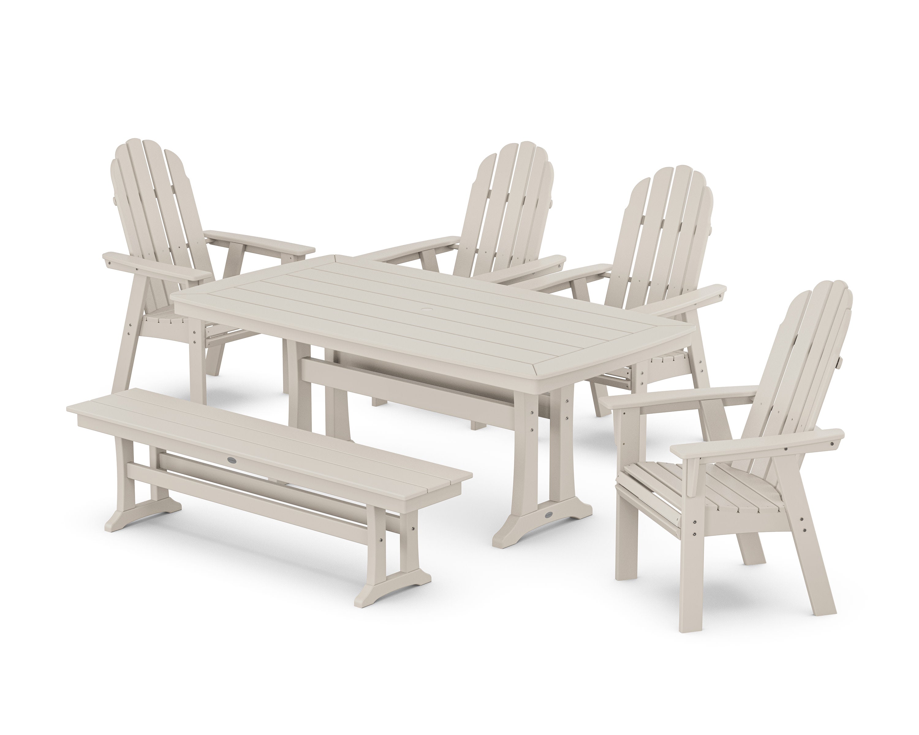 Vineyard Curveback Adirondack Chair 6-Piece Dining Set with Trestle Legs and Bench in Sand