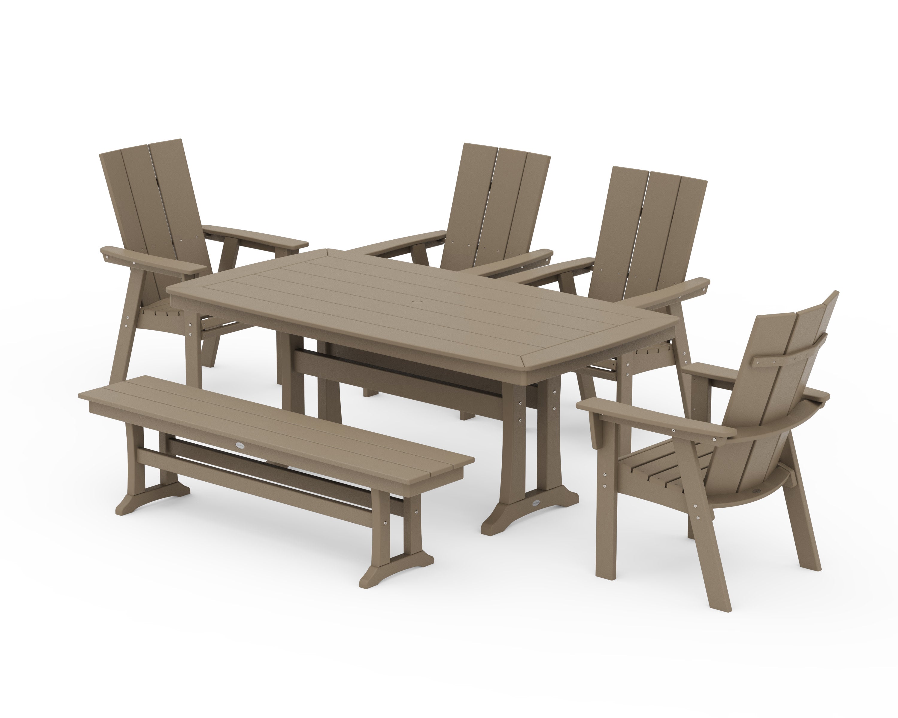 Modern Curveback Adirondack 6-Piece Farmhouse Dining Set with Trestle Legs and Bench in Vintage Sahara
