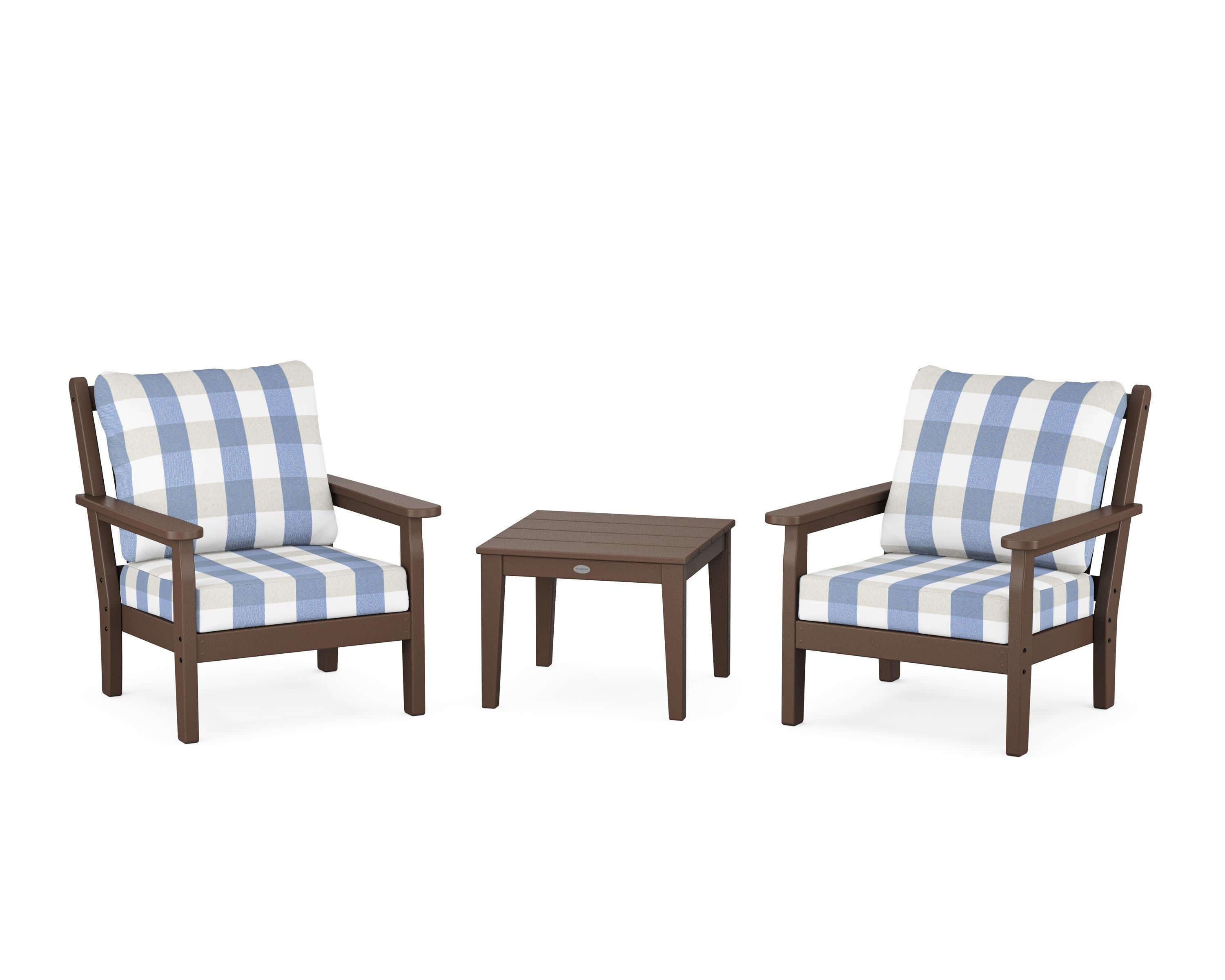 Chippendale 3-Piece Deep Seating Set in Mahogany / Buffalo Plaid Sky Blue