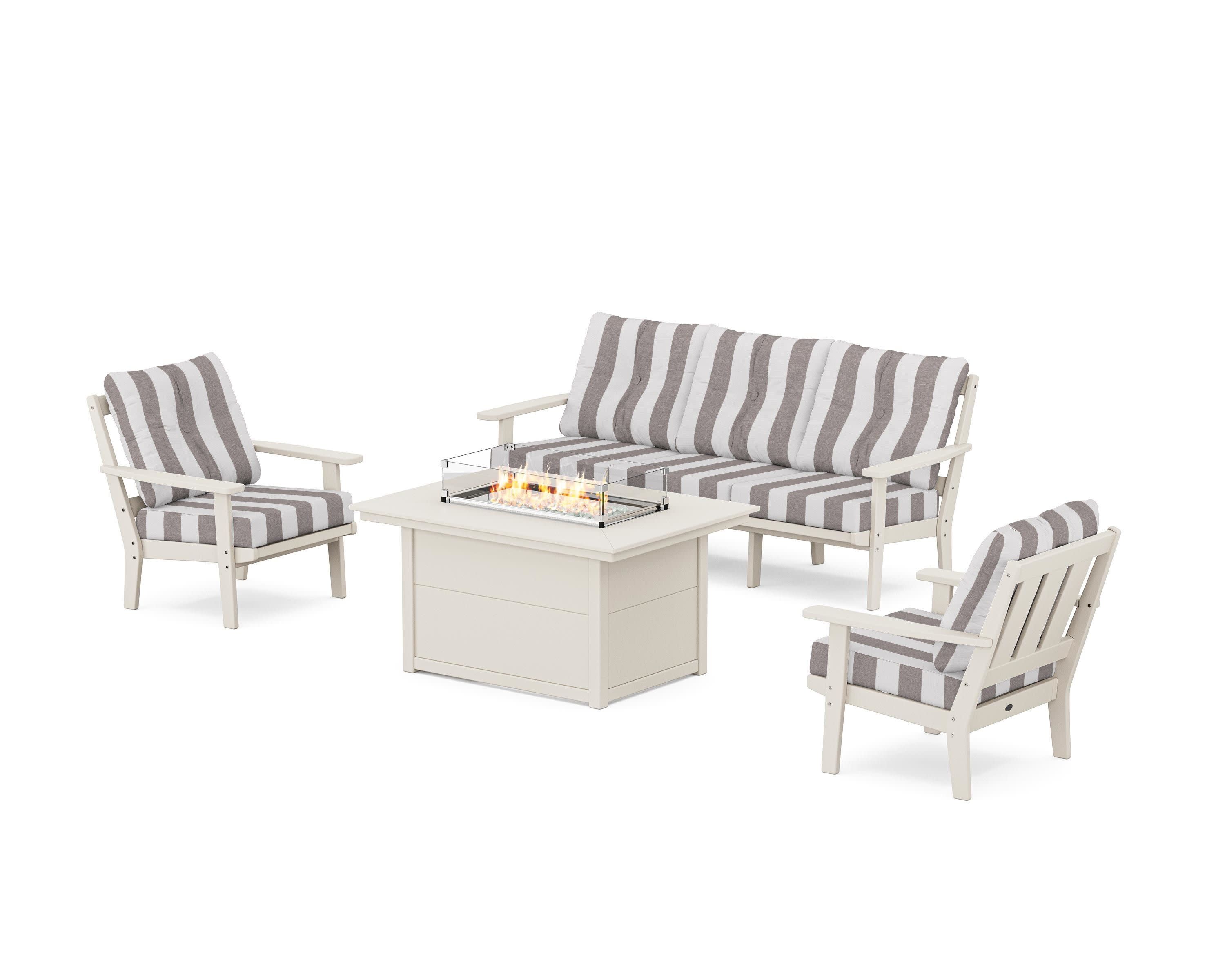 Oxford Deep Seating Fire Pit Table Set in Sand / Cabana Stripe Grey Mist