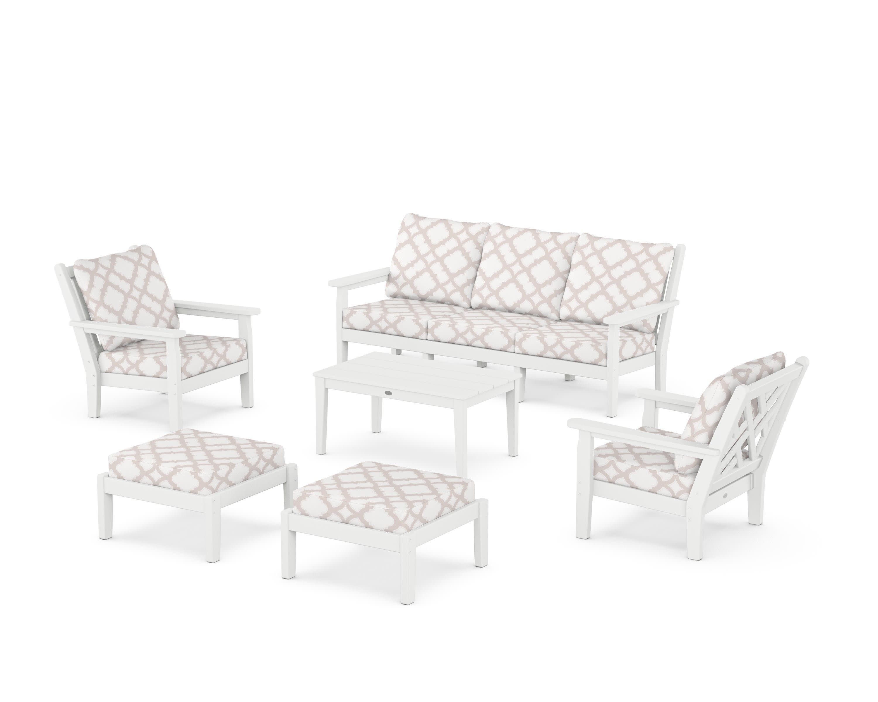 Chippendale 6-Piece Lounge Sofa Set in White / Trellis Dune Burlap