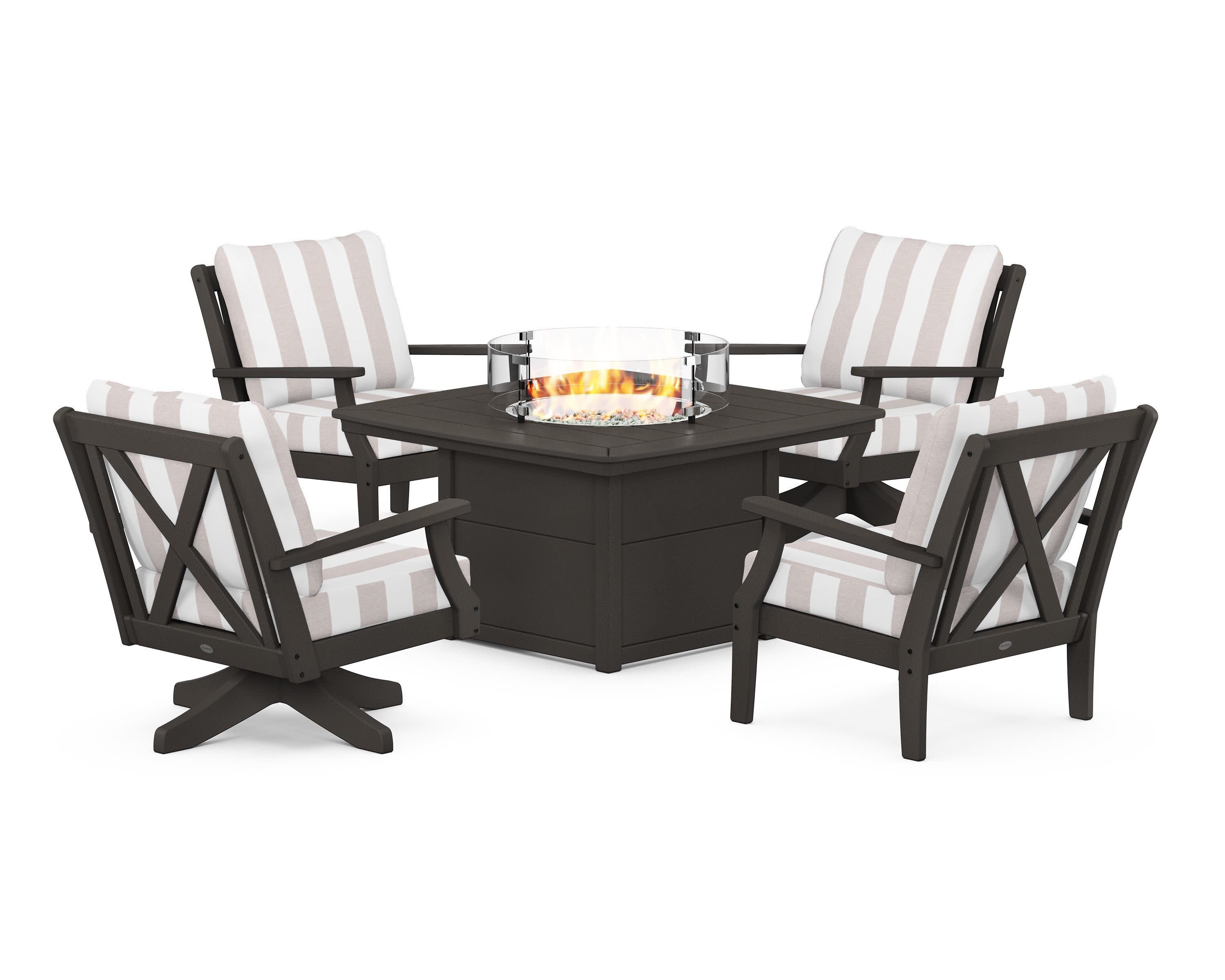 Braxton 5-Piece Deep Seating Set with Fire Table in Vintage Coffee / Cabana Stripe Dune Burlap