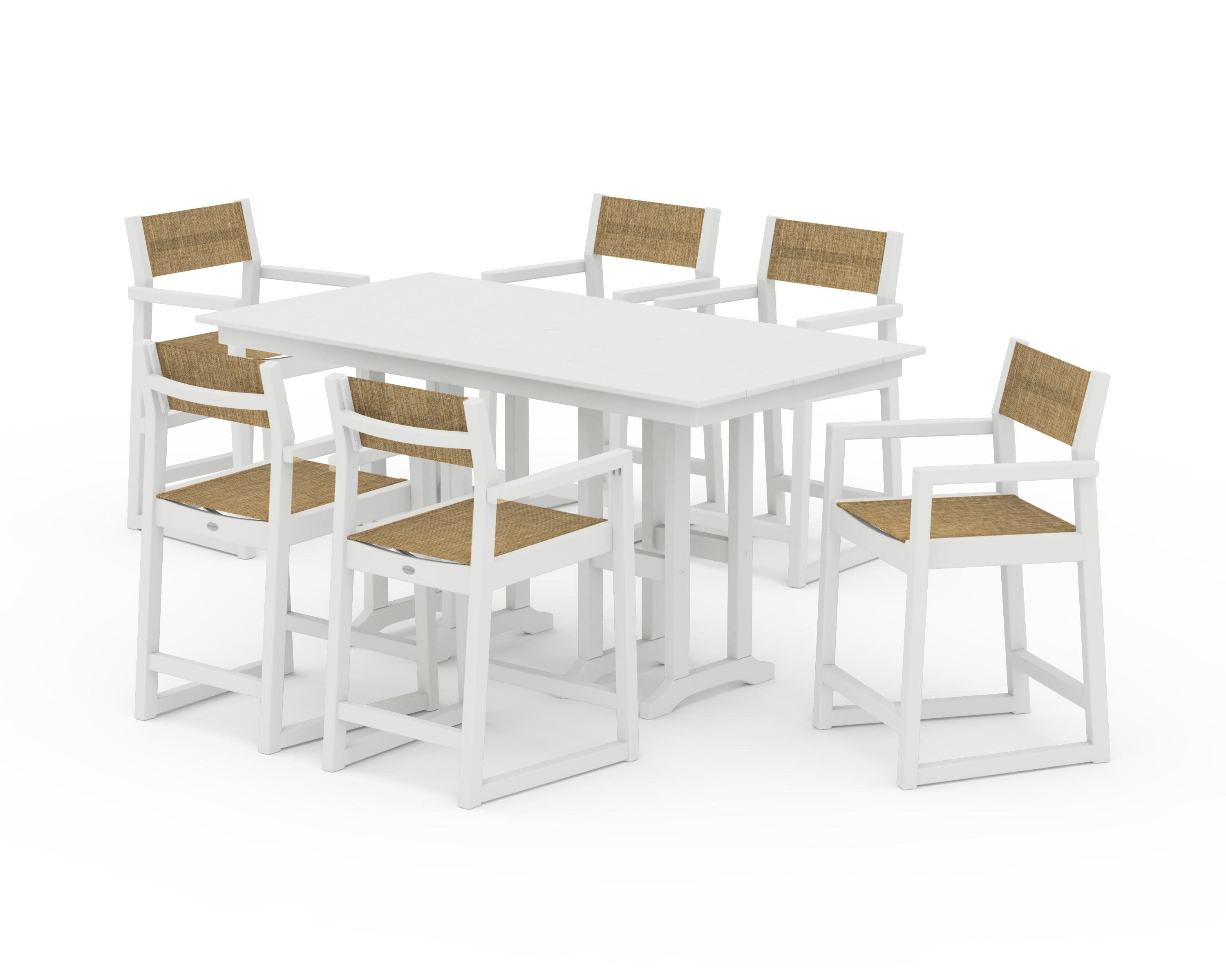 EDGE Sling Arm Chair 7-Piece Farmhouse Counter Set in Vintage White / Burlap Sling