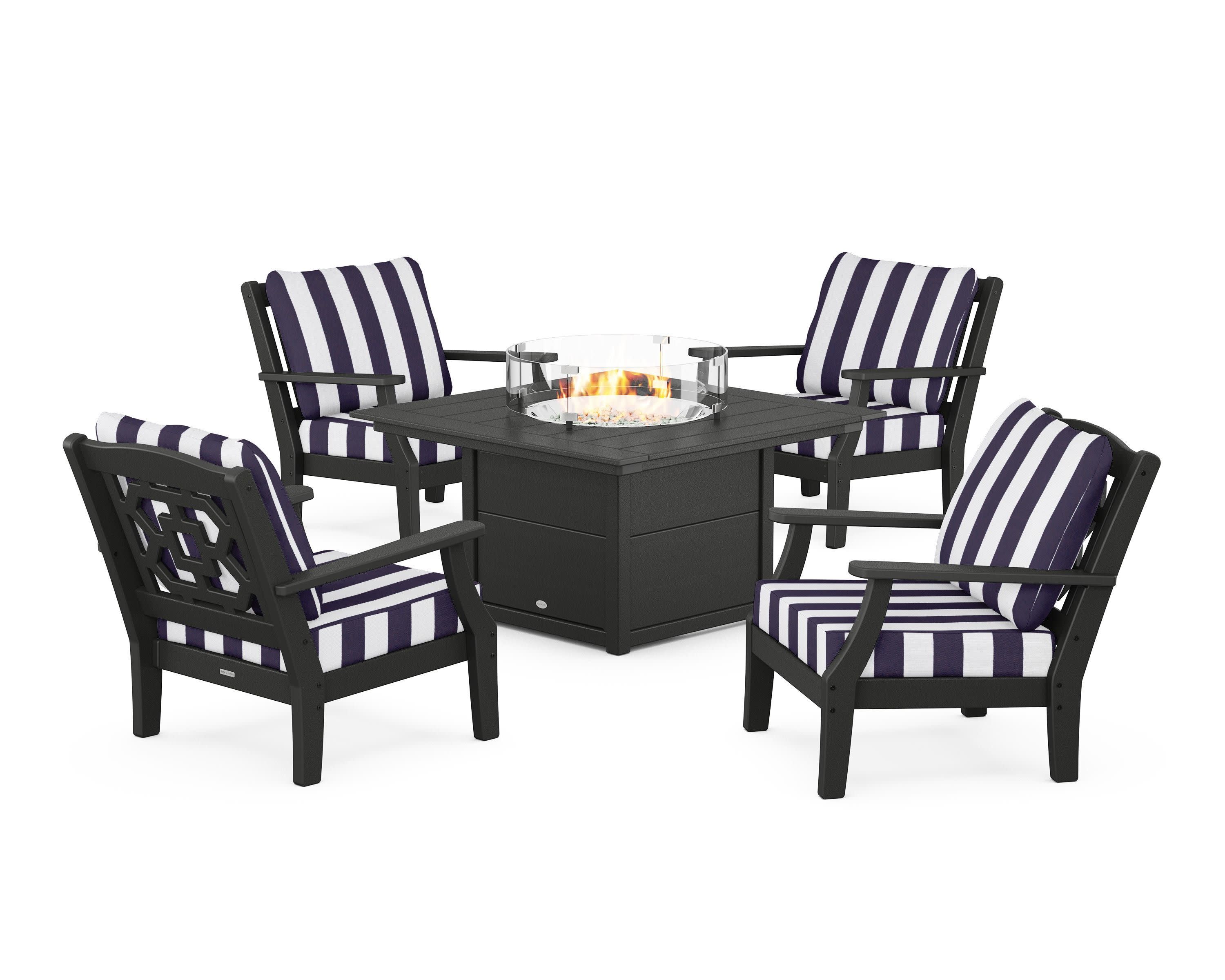 Chinoiserie 5-Piece Deep Seating Set with Fire Pit Table in Black / Cabana Stripe Navy