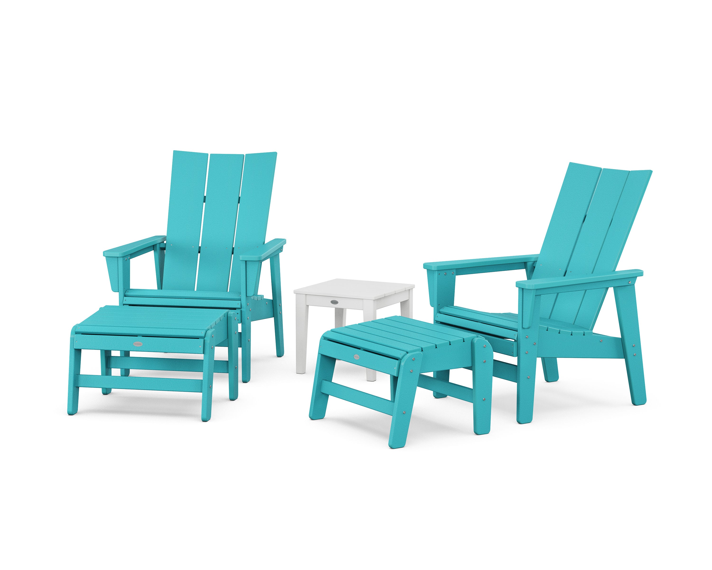 5-Piece Modern Grand Upright Adirondack Set with Ottomans and Side Table in Aruba / White