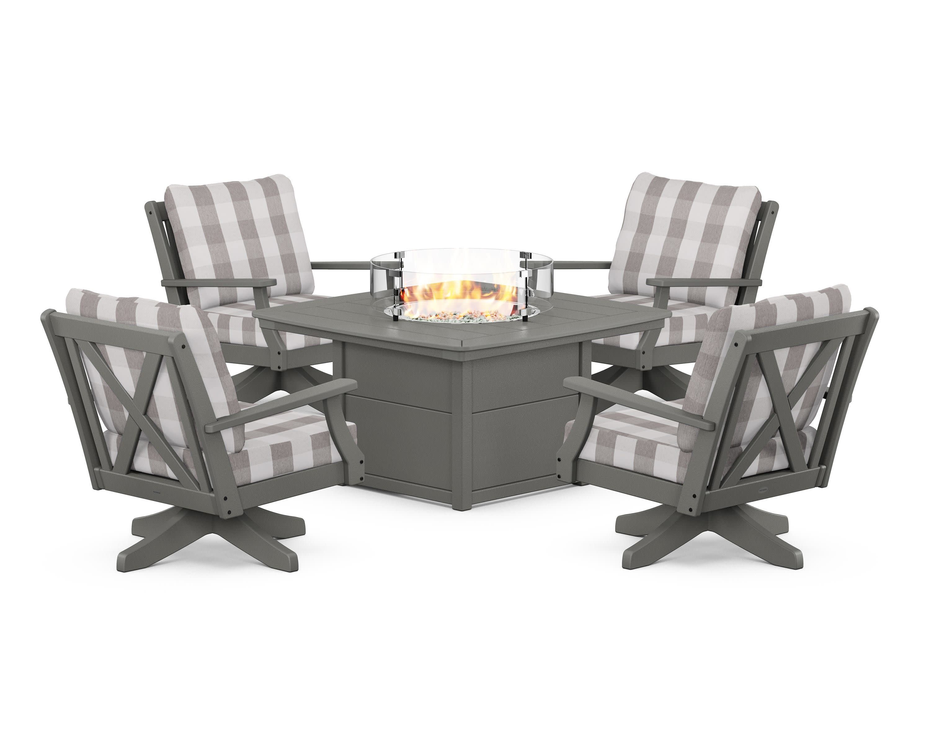 Braxton 5-Piece Deep Seating Swivel Conversation Set with Fire Pit Table in Slate Grey / Buffalo Plaid Grey Mist