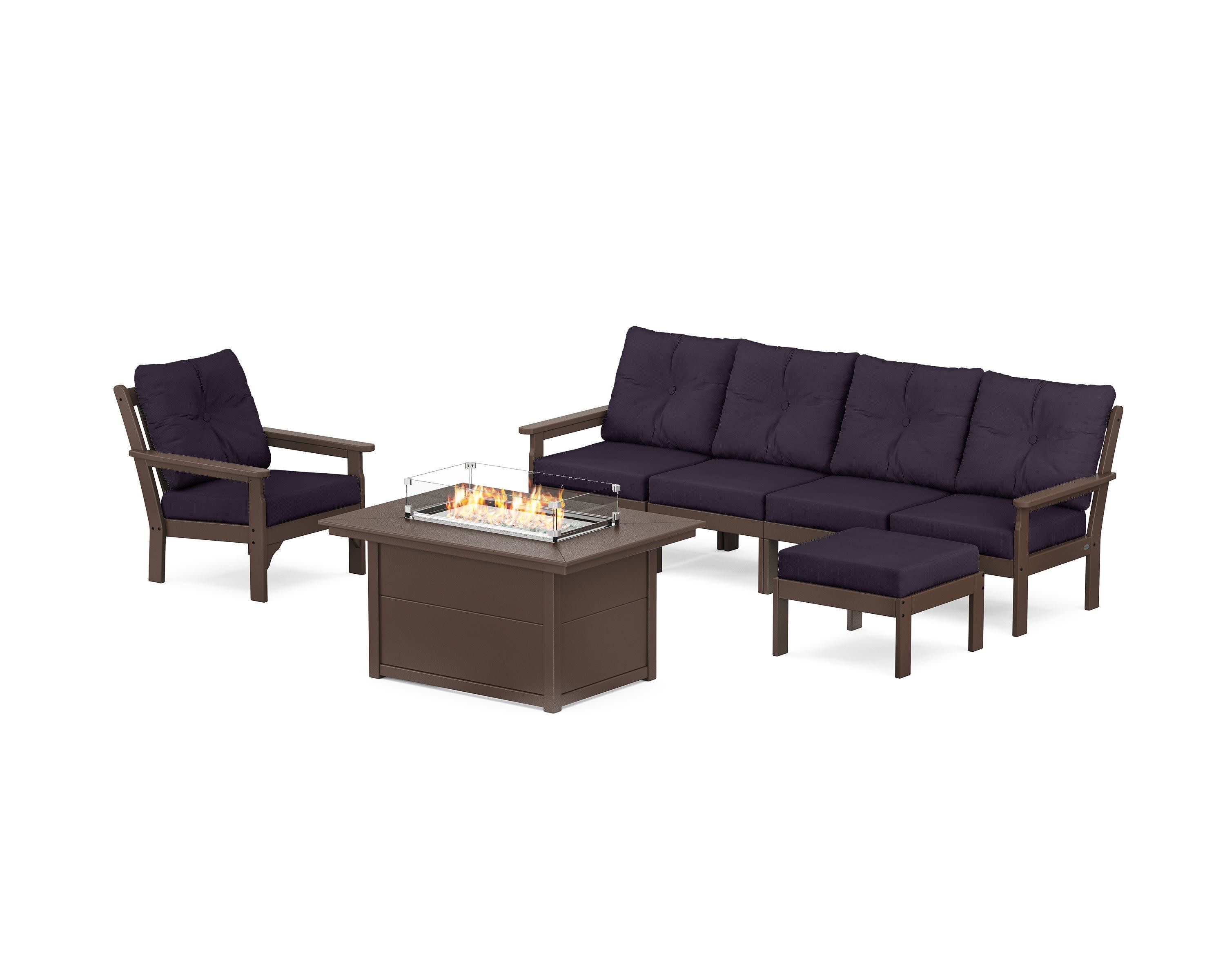 Vineyard Sectional Lounge and Fire Pit Set in Mahogany / Navy Linen