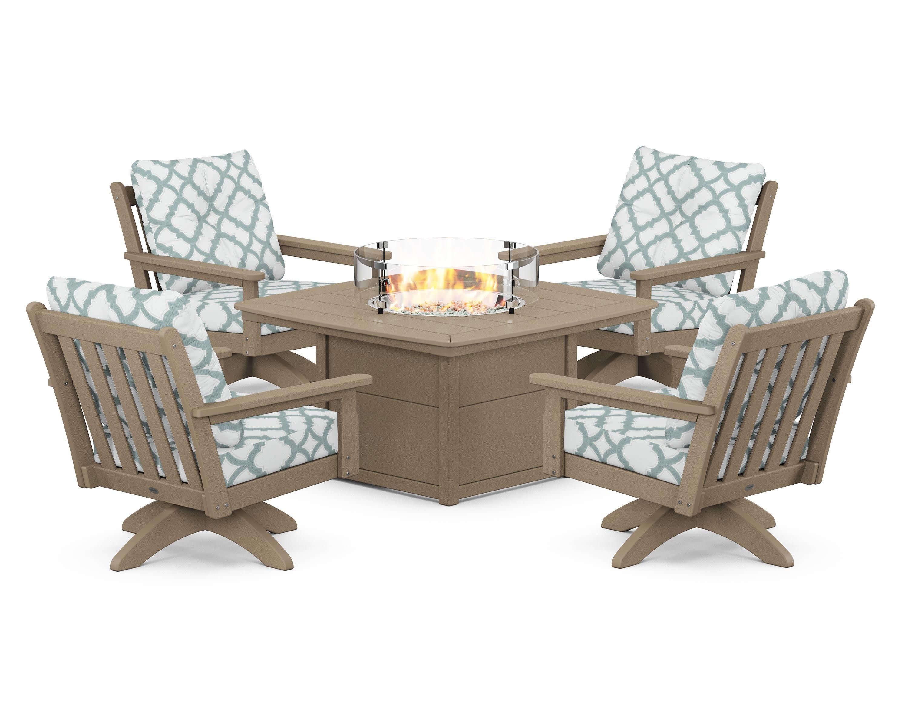 Vineyard 5-Piece Deep Seating Swivel Conversation Set with Fire Pit Table in Vintage Sahara / Trellis Glacier Spa