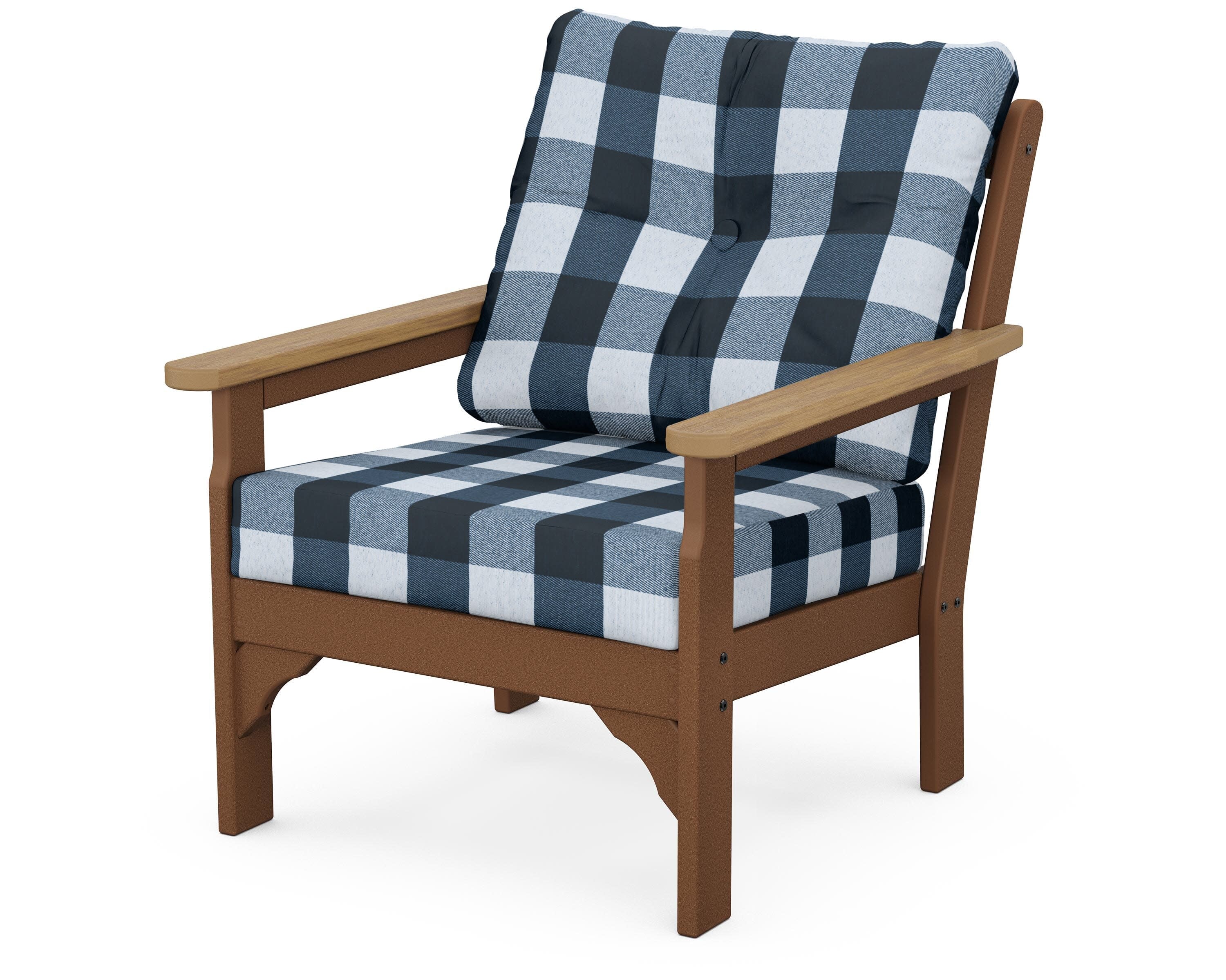 Vineyard Deep Seating Chair in Teak / Natural / Buffalo Plaid Marine Indigo