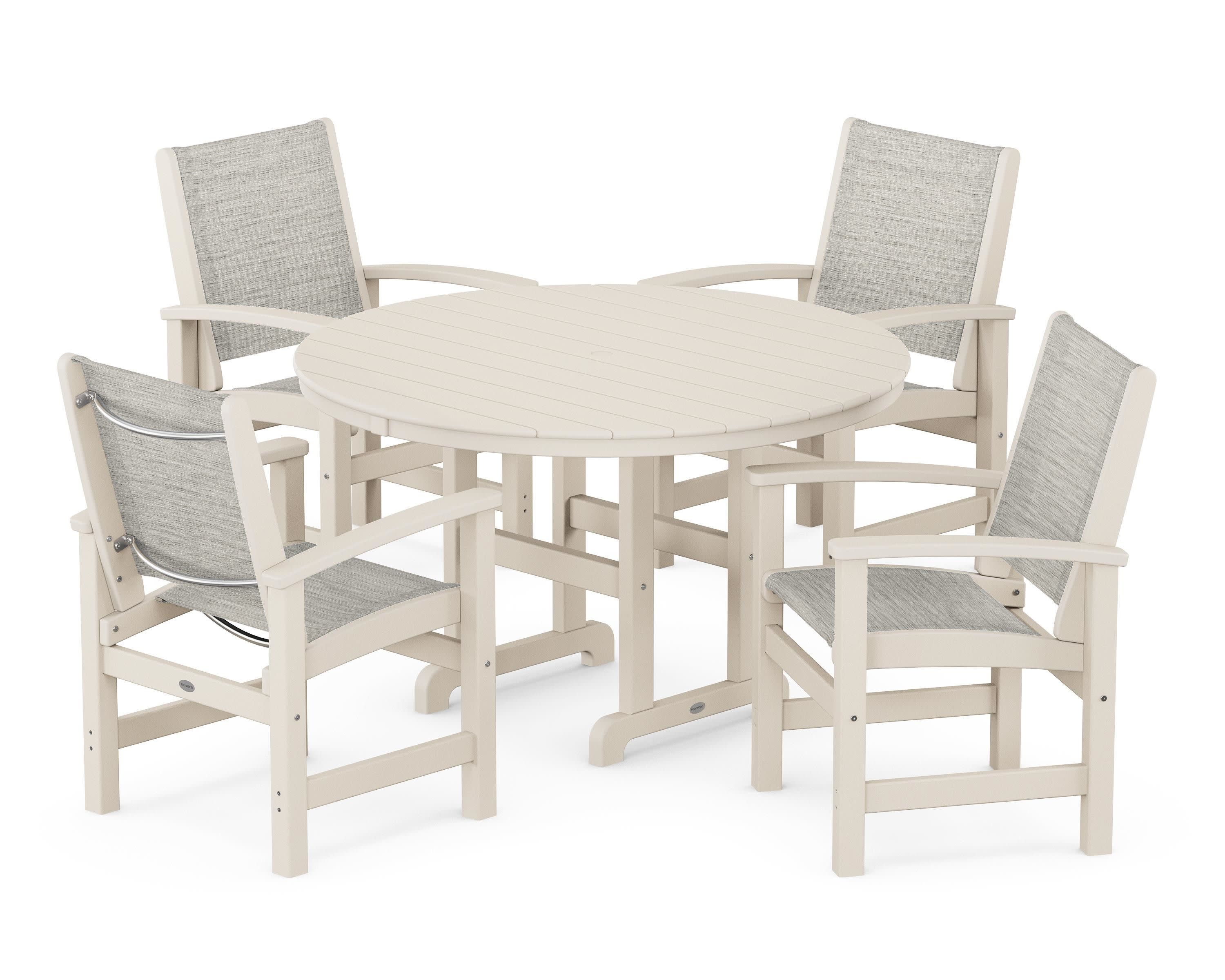 Coastal 5-Piece Round Farmhouse Dining Set in Sand / Birch Sling