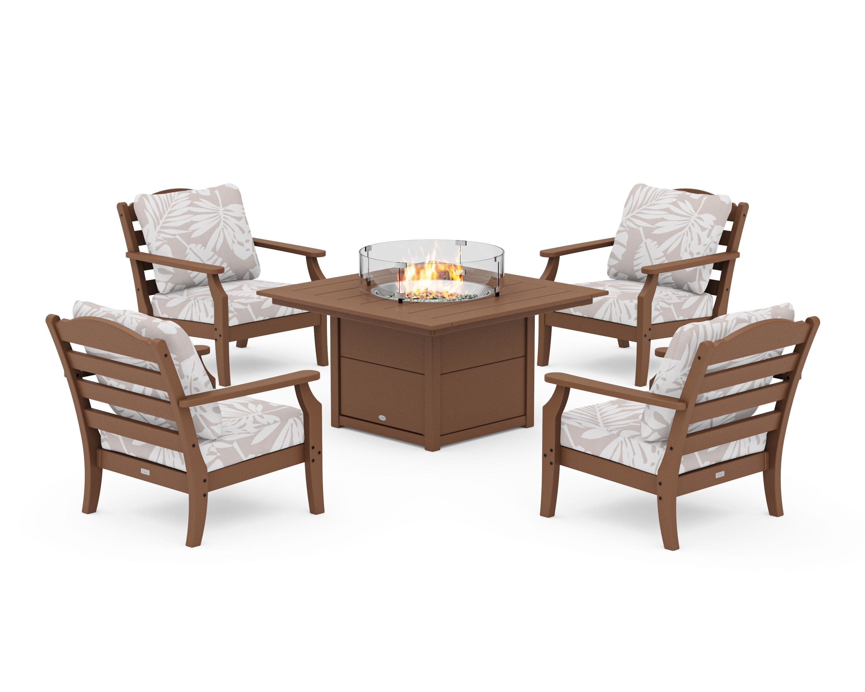 Savannah 5-Piece Deep Seating Set with Fire Pit Table in Teak / Leaf Dune Burlap