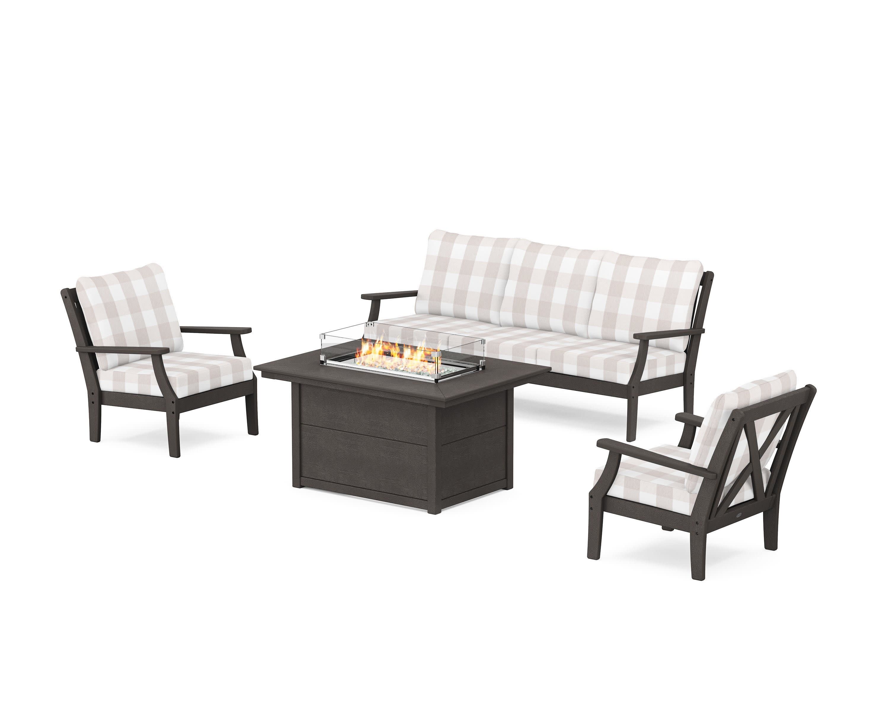 Braxton Deep Seating Fire Pit Table Set in Vintage Coffee / Buffalo Plaid Dune Burlap