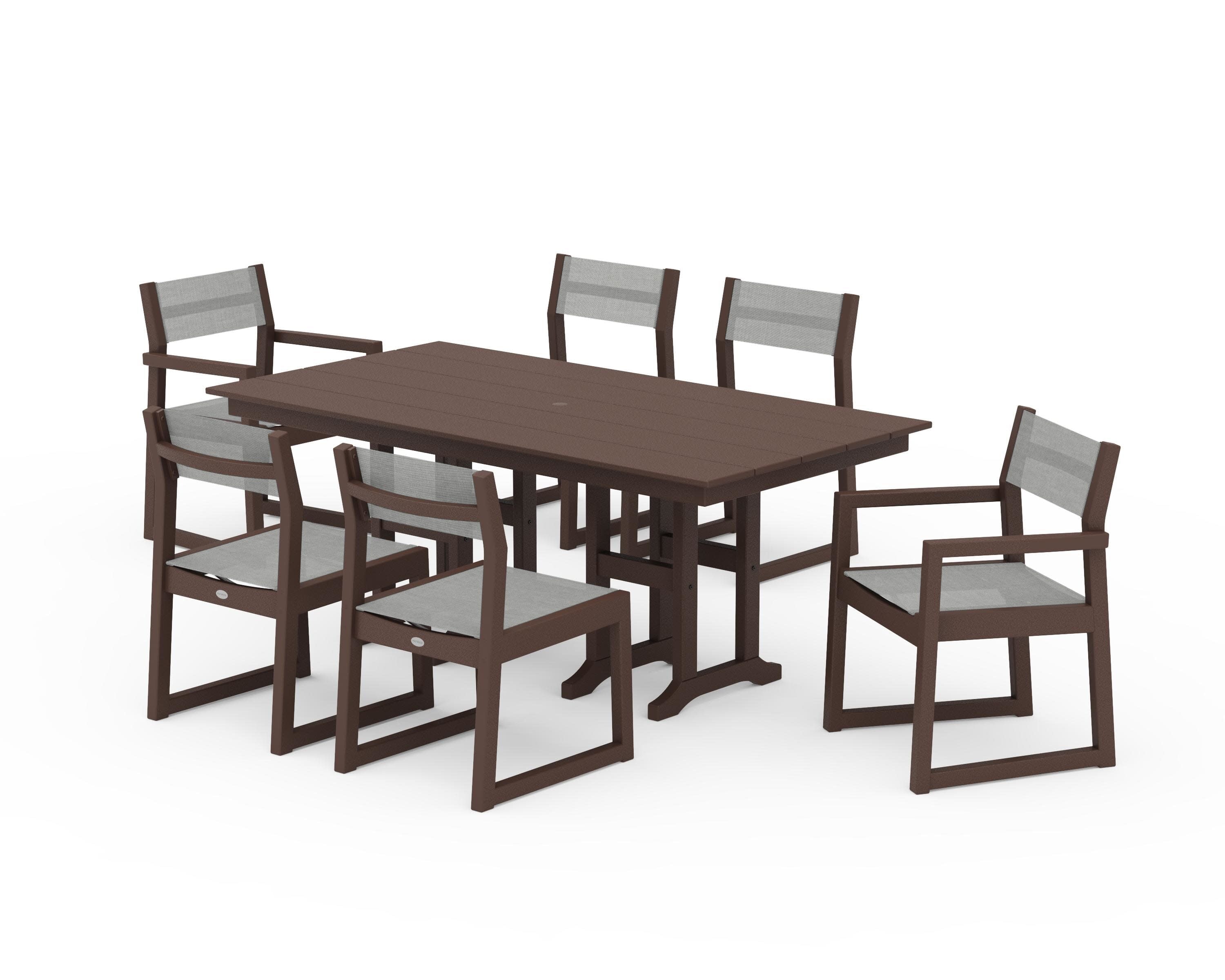EDGE Sling 7-Piece Farmhouse Dining Set in Mahogany / Metallic Sling