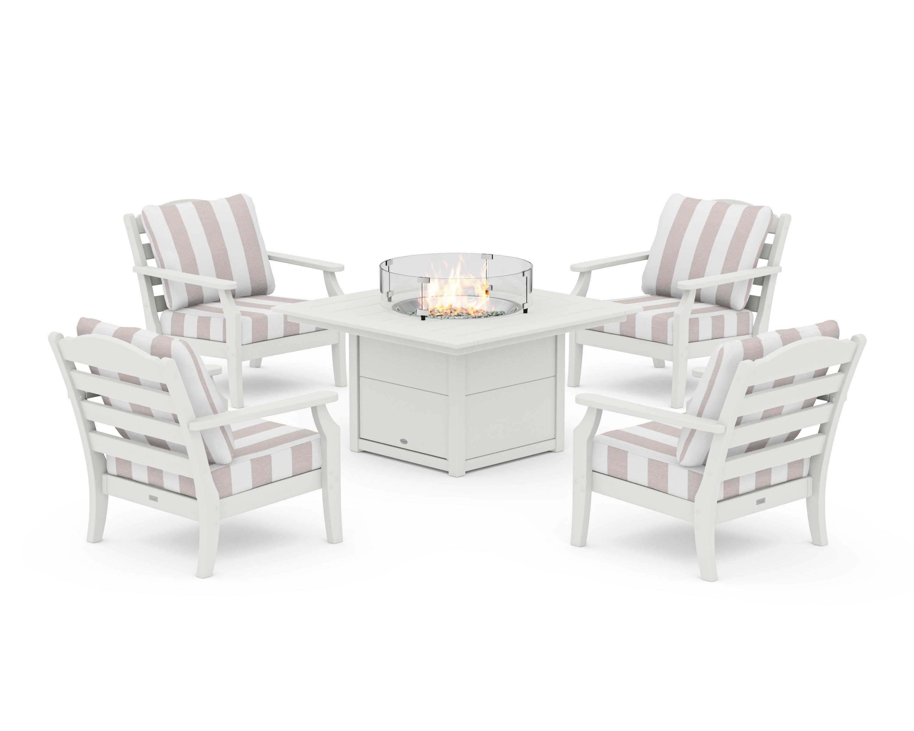 Savannah 5-Piece Deep Seating Set with Fire Pit Table in Vintage White / Cabana Stripe Dune Burlap