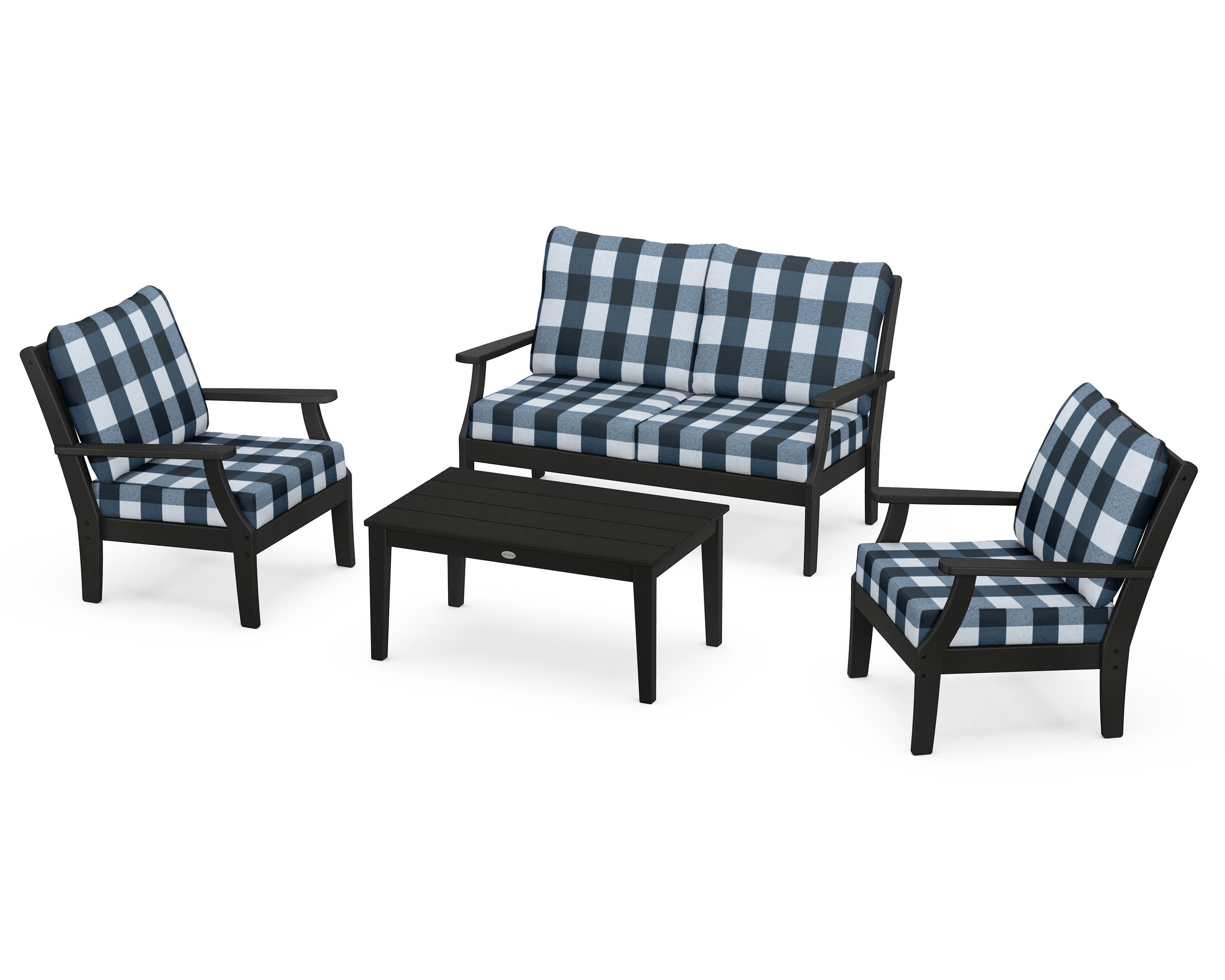 Braxton 4-Piece Deep Seating Chair Set in Black / Buffalo Plaid Marine Indigo