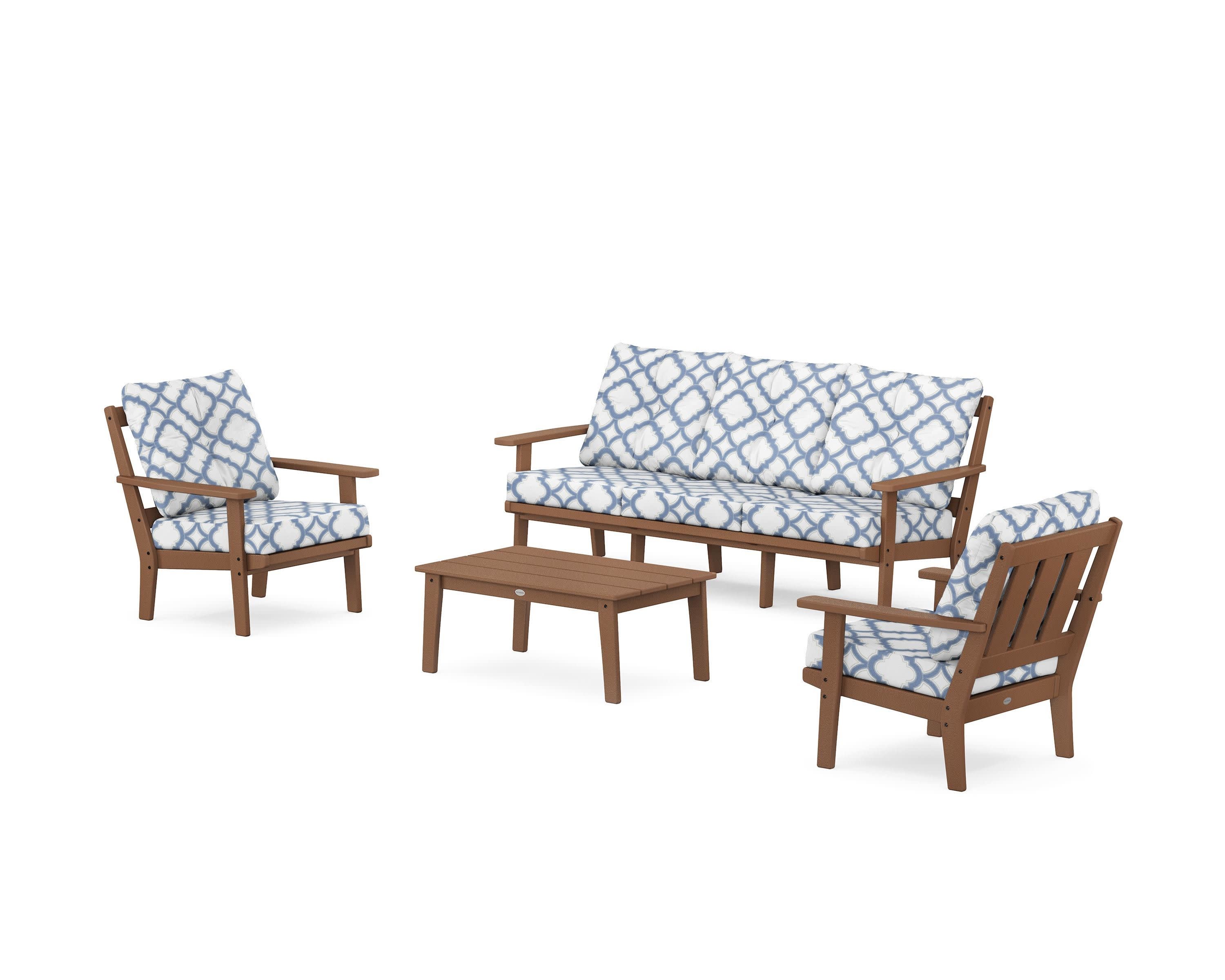 Oxford 4-Piece Deep Seating Set with Sofa in Teak / Trellis Sky Blue