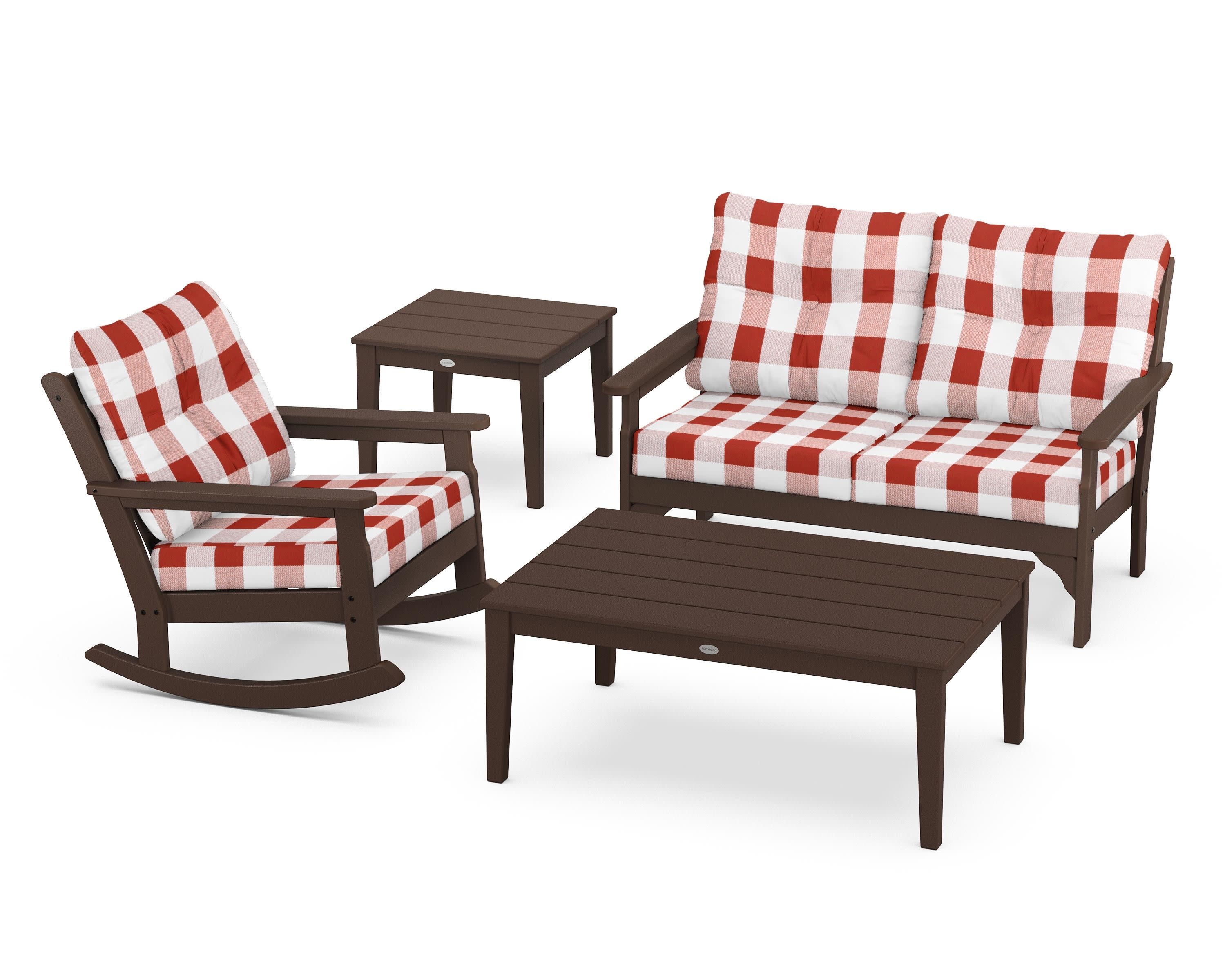 Vineyard 4-Piece Deep Seating Rocker Set in Mahogany / Buffalo Plaid Crimson